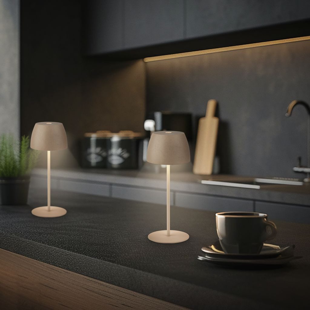 Briloner Leuchten Tischleuchte 2x LED Akku Tischlampe kabellos Beige 20cm Innen/Außen, Dimmfunktion, LED fest integriert, 2700K - Extra-Warmweiß, 2x Tischlampe kabellos 20x8cm Beige 2,5W Wohnzimmer Outdoor