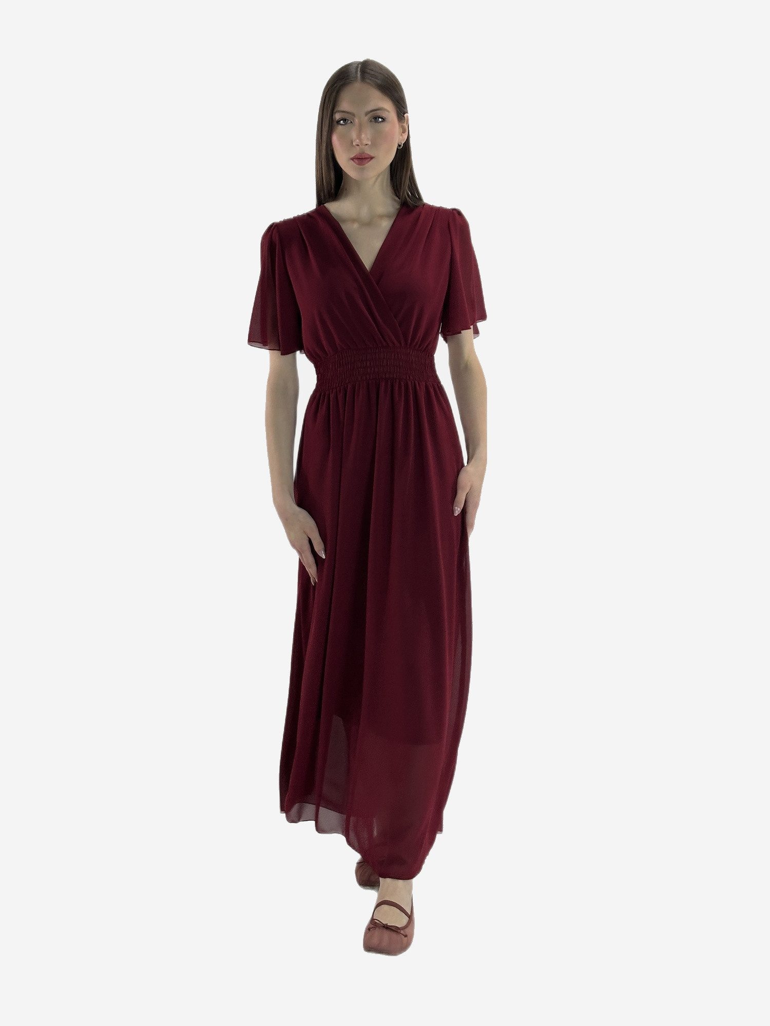 Elara Maxikleid — Damen Sommerkleid mit Wickeloptik, Smoktaille & Flügelärmeln (1-tlg)