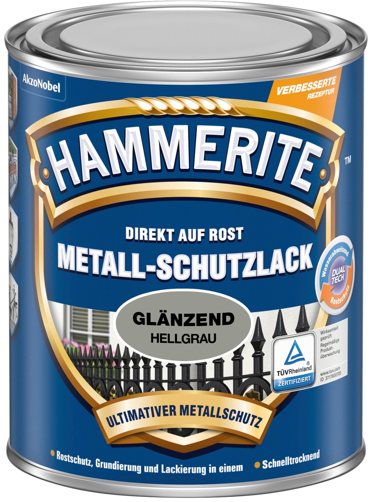 Hammerite  DIREKT Liter ROST, Metallschutzlack glänzend, Glanz AUF Hellgrau 0,75