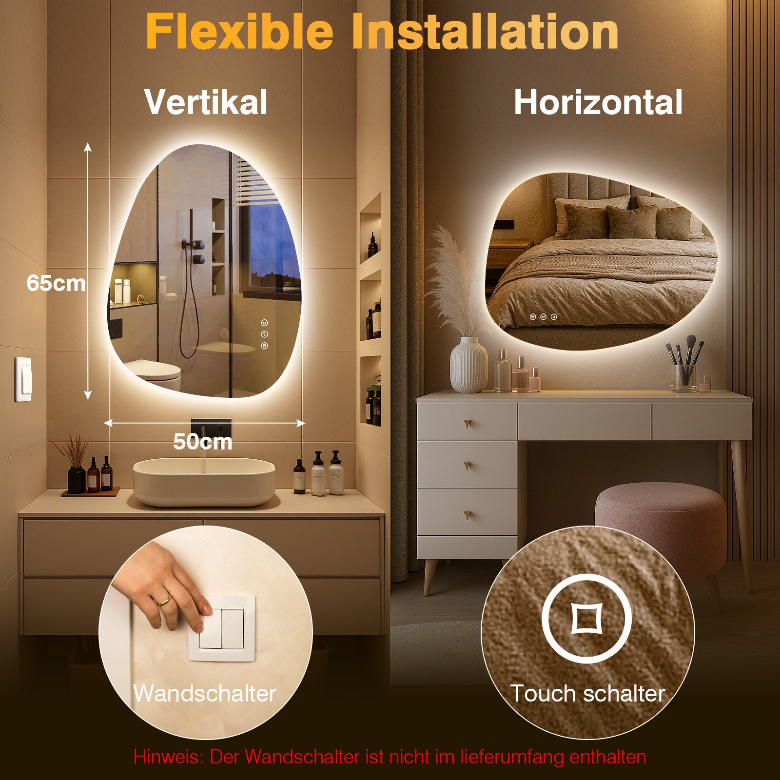 PESENXAN Badspiegel LED Badezimmerspiegel, Asymmetrischer LED-Spiegel, mit günstig online kaufen