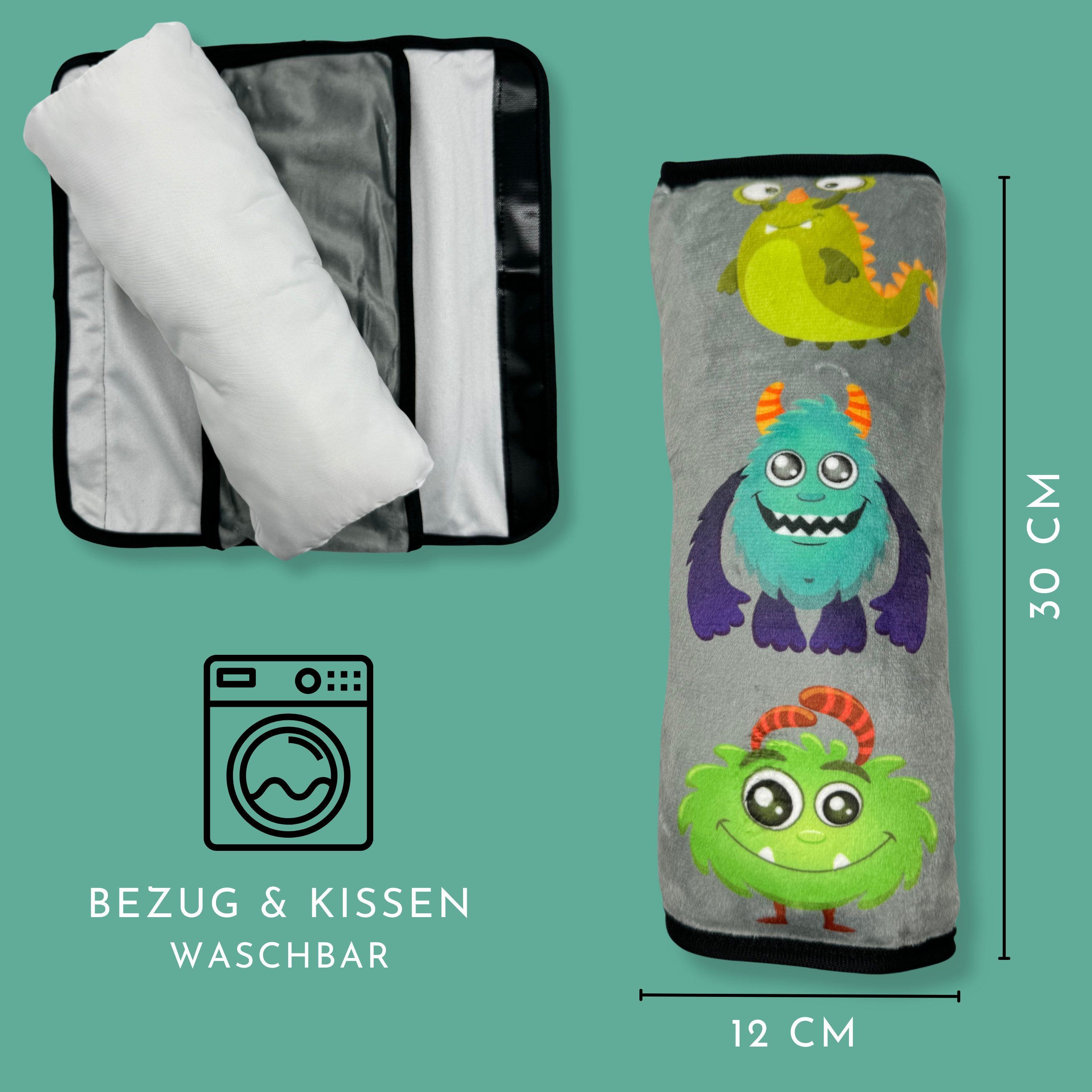 HECKBO Schlafkissen Auto Schlafkissen Monster Motiv für Kinder Mädchen Jungen Gurtkissen