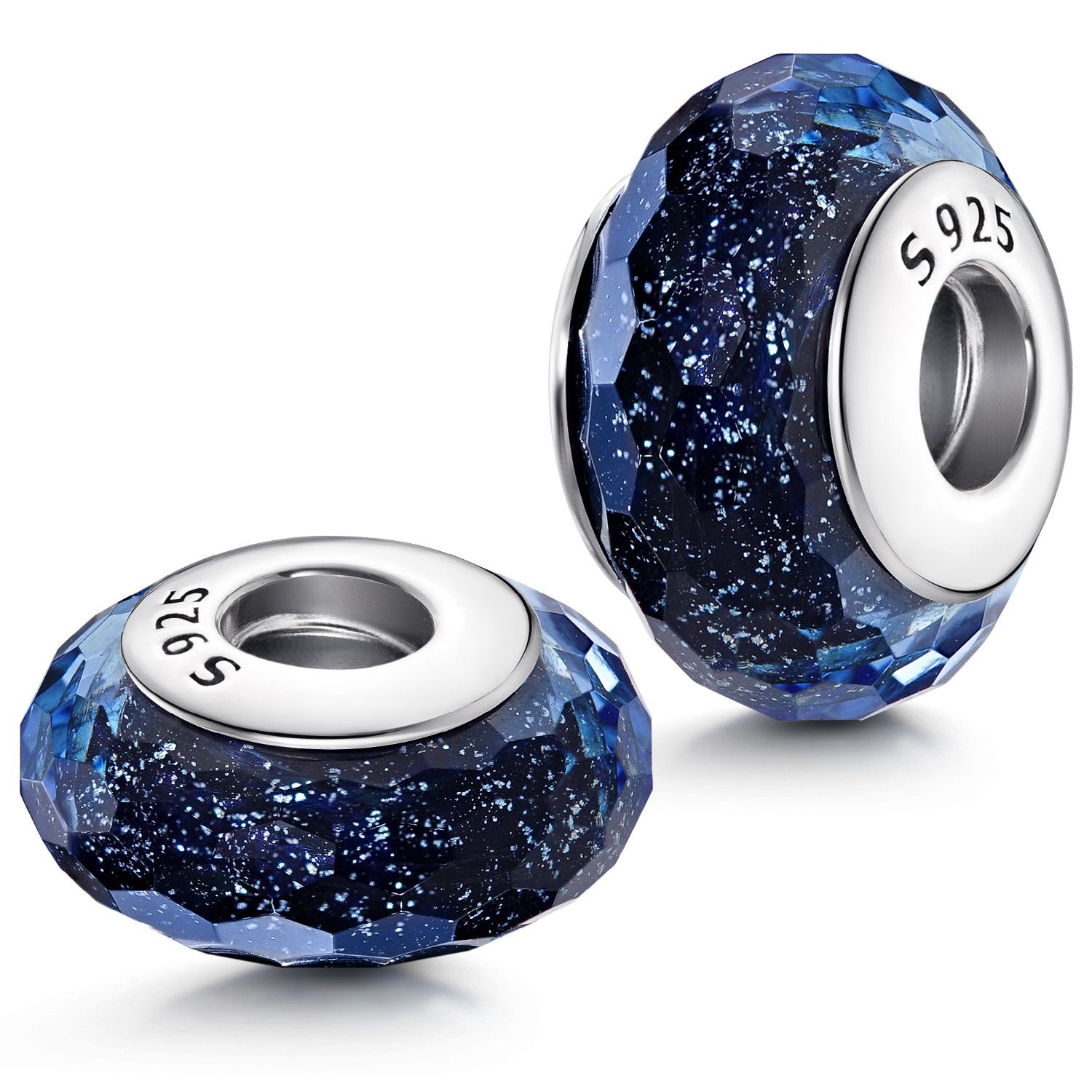 Materia Bead Blau / Dunkelblau Glitter facettiert 920, 925 Sterling Silber, mit Gewinde