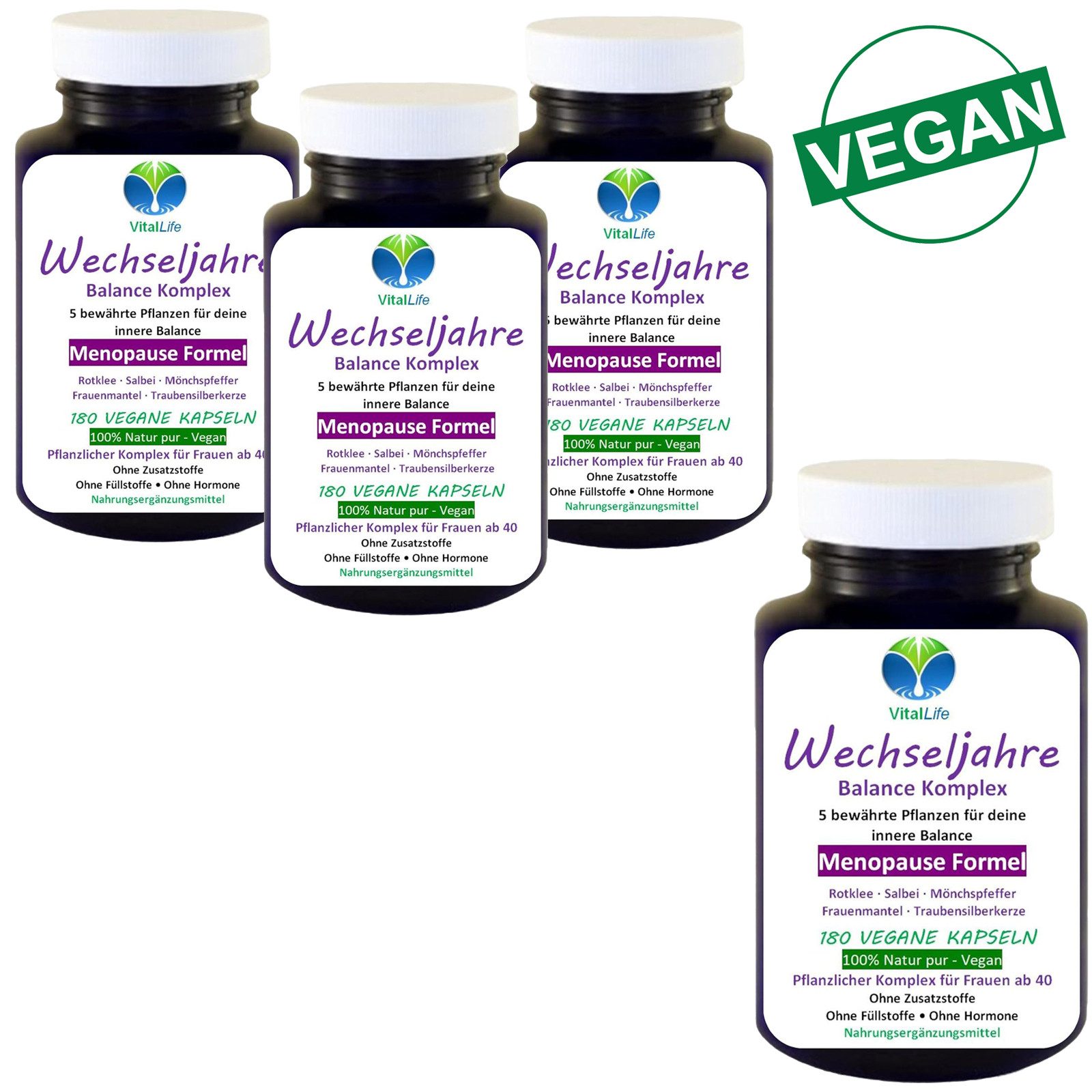 VitalLife Wechseljahre Komplex Menopause Formel OHNE Zusatzstoffe VEGAN Kapseln, 4 er Dose à 180 St., 360 g, Art. 27420-720