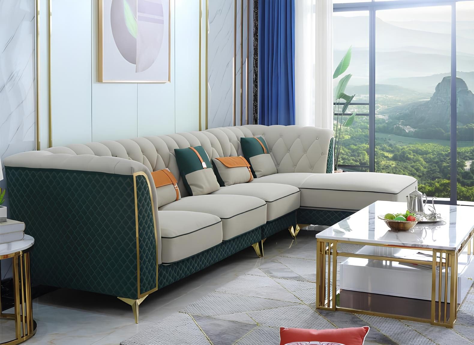 Ecksofa Beige Ledersofa mit goldenen Holzfüßen und hochwertiger Polsterung