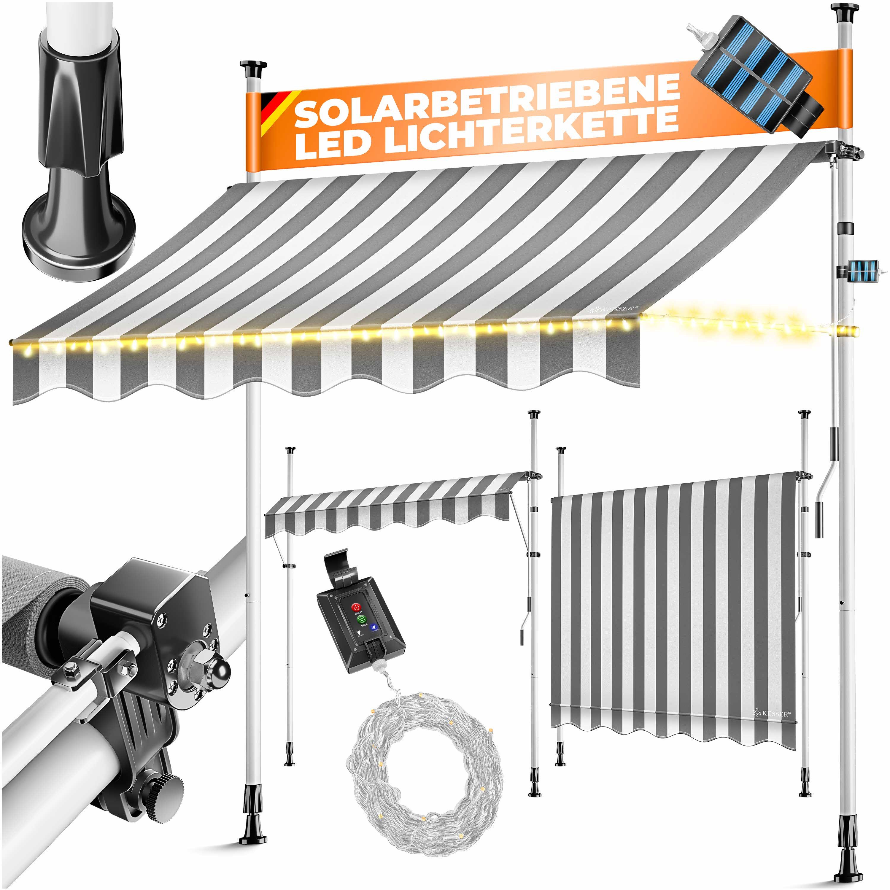 KESSER Klemmmarkise mit Handkurbel & LED, 350x180cm Balkonmarkise ohne Bohren UV-Beständig (Markise + solarbetriebene LED Lichterkette, höhenverstellbar 176-305cm) Sicht- & Sonnenschutz für Balkon Terrasse & Garten, wasserabweisend
