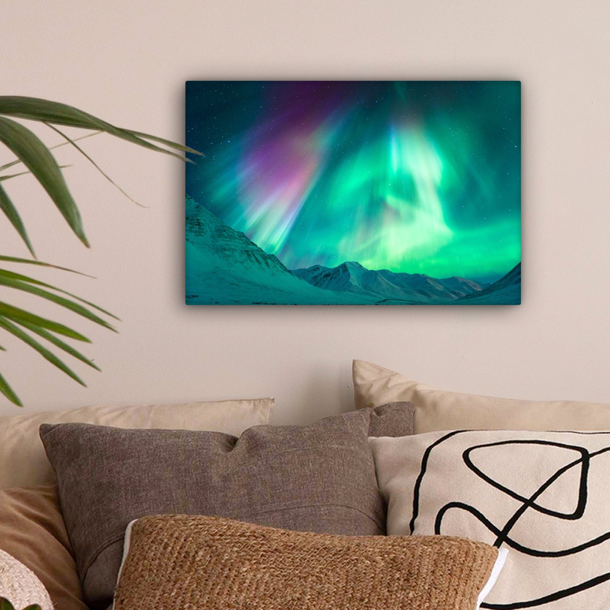 OneMillionCanvasses® Leinwandbild Nordlichter - Berg - Nacht, Fotodruck (1 St), Leinwand Bilder Klein, Wand Dekoration Aesthetic 30x20 cm
