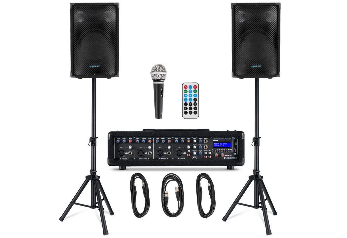 McGrey McGrey BP-210 Bandpack PA-Anlage 100 Watt Lautsprechersystem (Bluetooth, 50 W, inkl. 4-Kanal Powermixer - USB/SD-Slot - Mikrofon, Kabel & Stative)