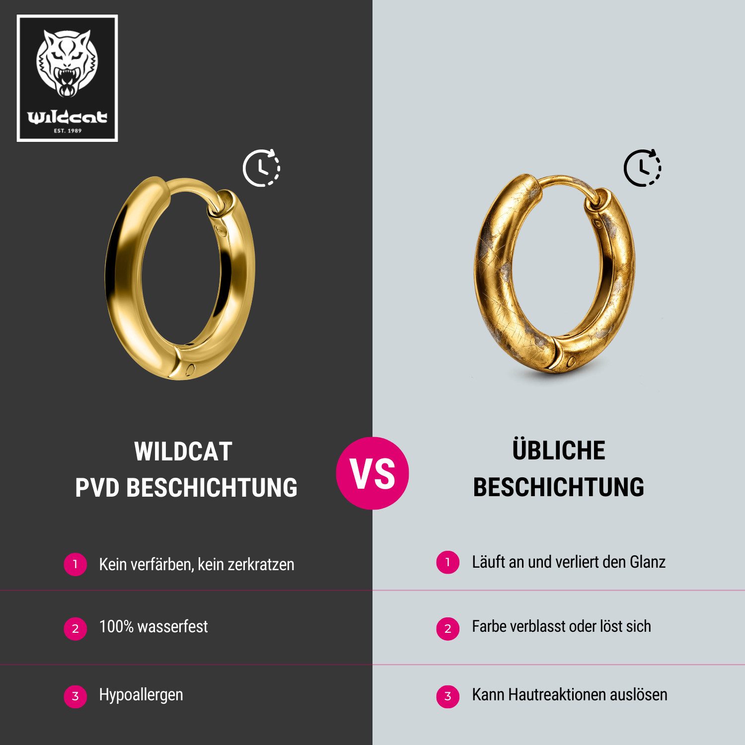 Wildcat Paar Ohrhänger Little Hoops - Schwarz, 25,0 mm, Chirurgenstahl 316L - wasserfest, langlebig, hautverträglich – Bild 5 von 5