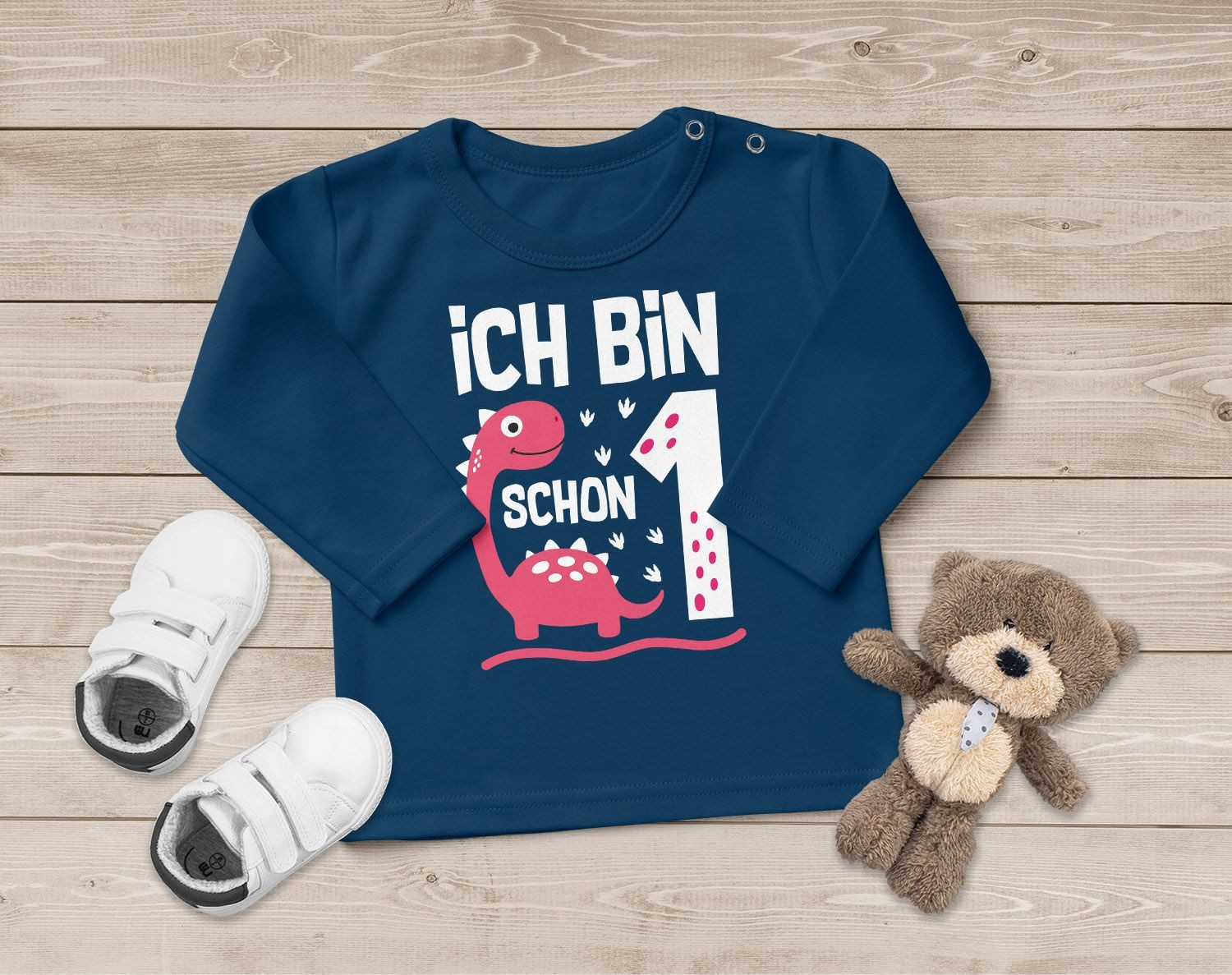 Rundhalsshirt Baby Langarm-Shirt 1. Geburtstag Ich bin schon 1 Jahr Dinosaurier