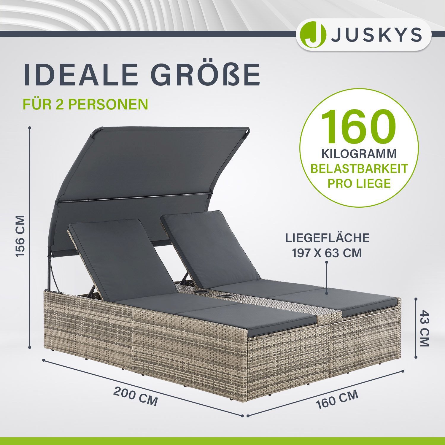 Juskys Doppelliege Syros, 2-Personen Polyrattan Sonnenliege mit Dach, Kopfteil verstellbar