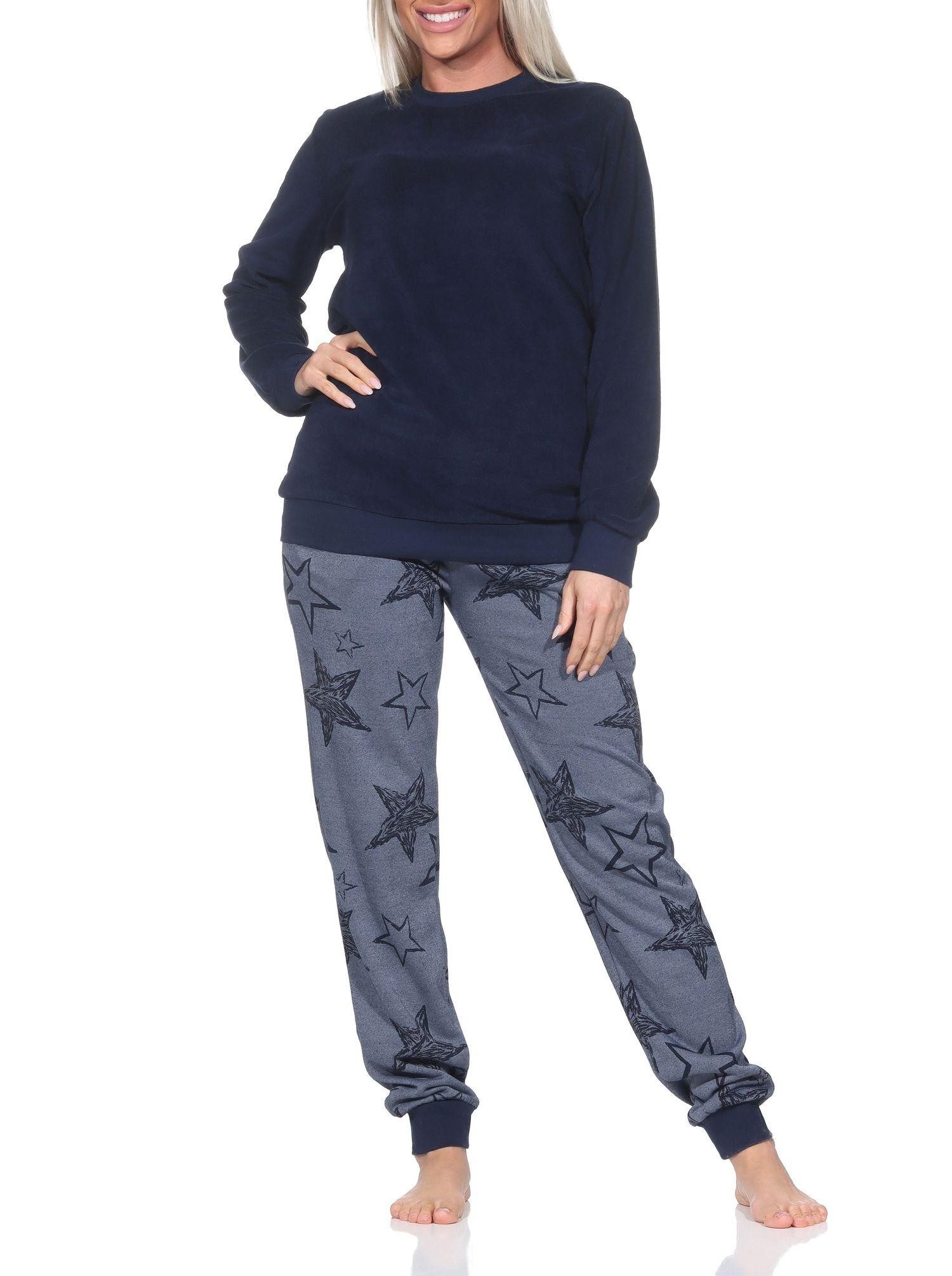 Normann Pyjama Normann Damen Frottee Schlafanzug lang mit Bündchen in Sterne Optik