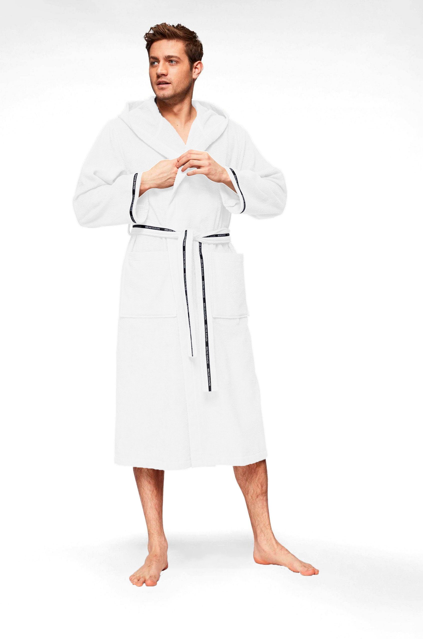 Bruno Banani Herrenbademantel Danny, Normallänge & Überlänge, auch in extra lang, Hotelbademantel, Langform, Walkfrottee, Kapuze, Gürtel, mit Logostreifen, Herren Bademantel aus 100% Baumwolle, S-4XL