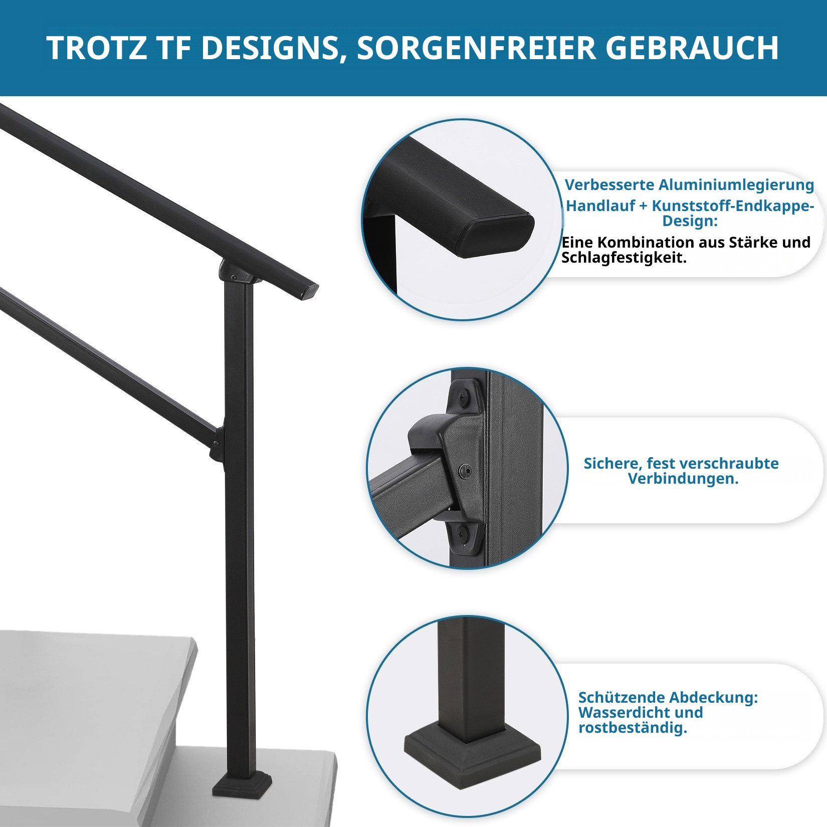 GarveeMore Treppengeländer Stabile Treppenhandläufe aus Aluminium & Eisen mit 2 Stufen, 90 cm Höhe, mit 2 Pfosten, 1-tlg., mit verstellbarer Höhe & Winkel, inkl. Befestigungsmaterial