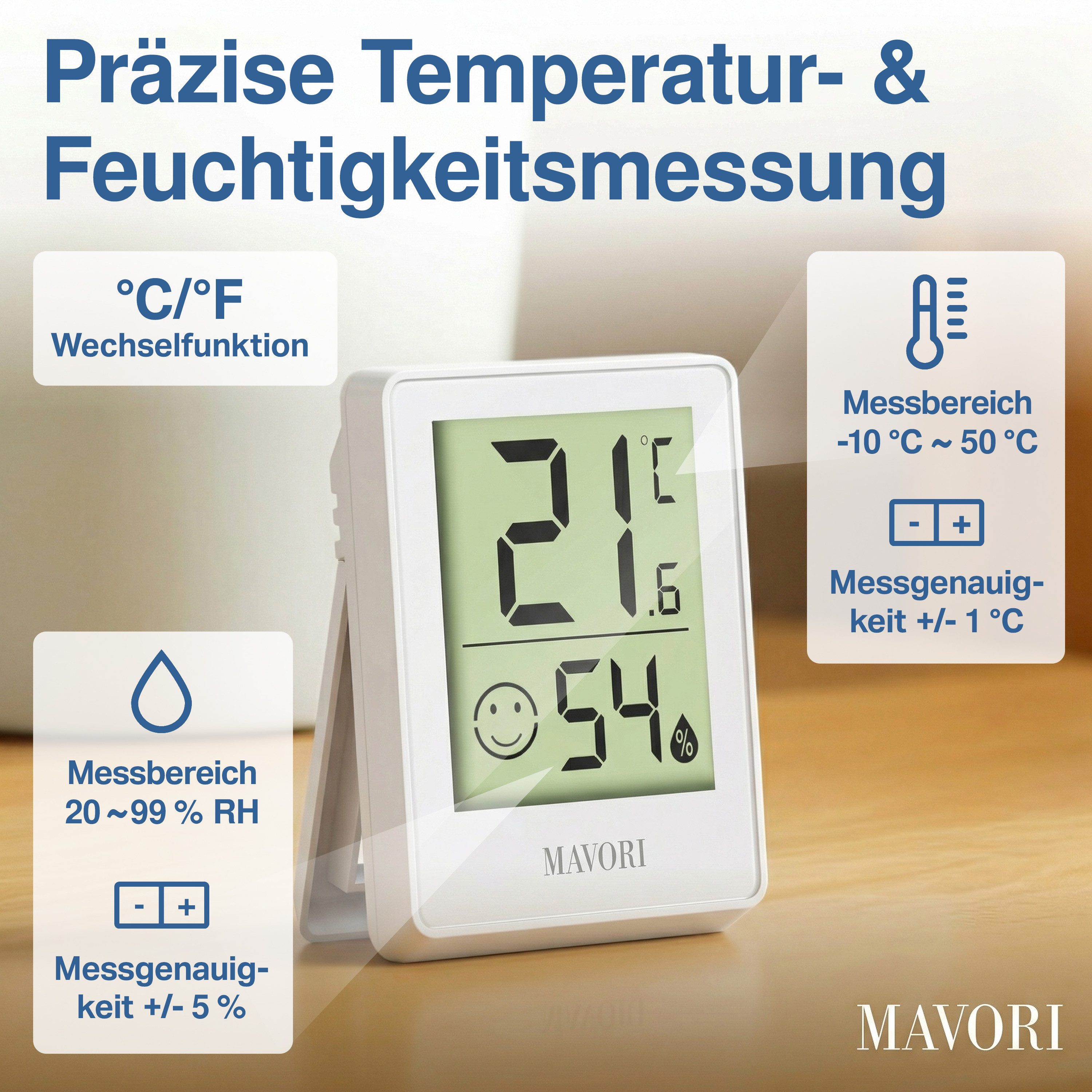 MAVORI Hygrometer und Thermometer digital mit sehr präzisen Messwerten, (1-St), Thermometer mit Luftfeuchtigkeit