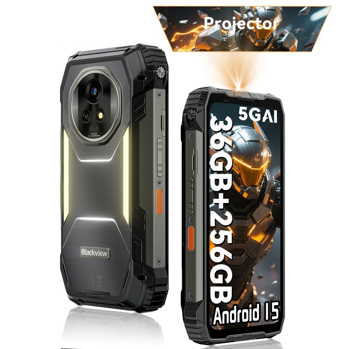 blackview XPLORE 2 Projector: 100-Zoll-Projektor, 20.000mAh Smartphone (6,73 Zoll, 256 GB Speicherplatz, 50 MP Kamera, Integrierter Projektor, 20000 mAh, 120W, 5G, 50MP, 20MP Nachtsicht)