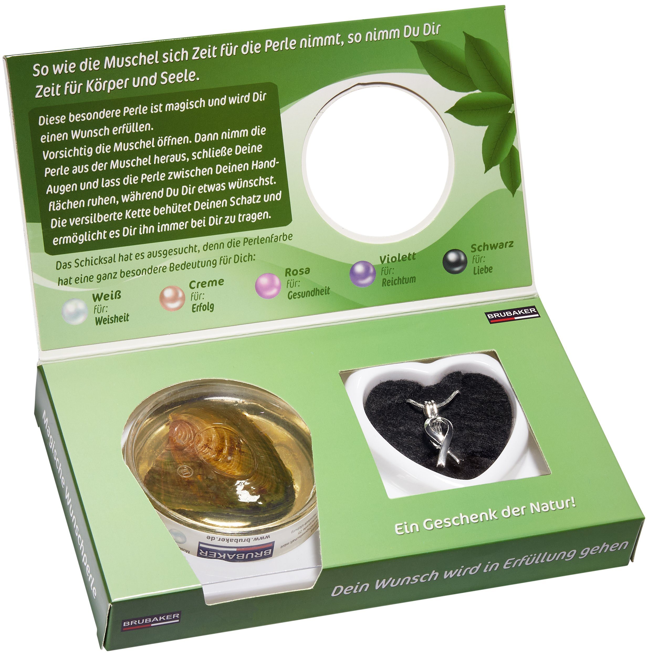 BRUBAKER Perlenketten-Set Gesundheits-Wunschperle Alles Gute! (4-tlg., Geschenkset mit Silberkette und Muschel), Schleifen-Anhänger Halskette - echter Perle - Symbol für Solidarität