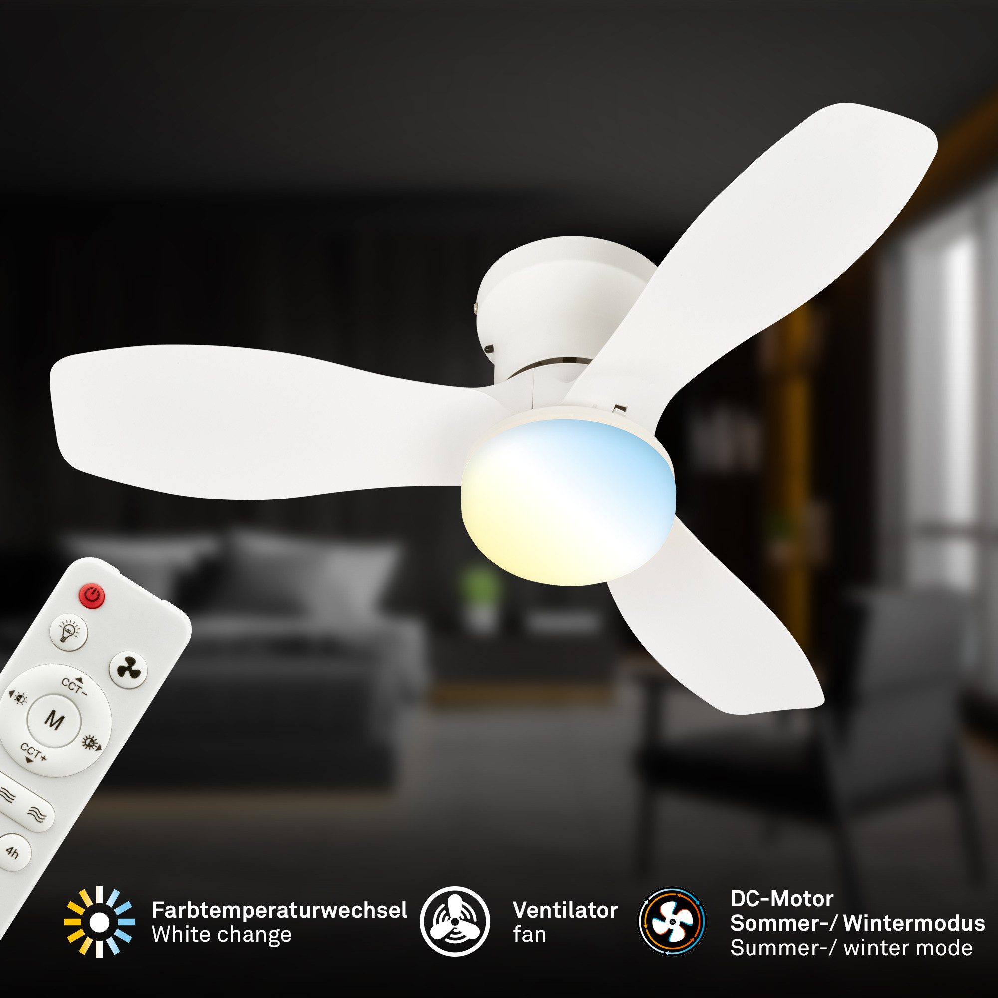 Briloner Leuchten LED Deckenleuchte mit Ventilator dimmbar CCT Deckenventilator mit Licht Schlafzimmer, LED fest integriert, CCT, 3000-6500K, 78x26 cm, Schlafzimmer, Wohnzimmer, Esszimmer, Flur, Küche