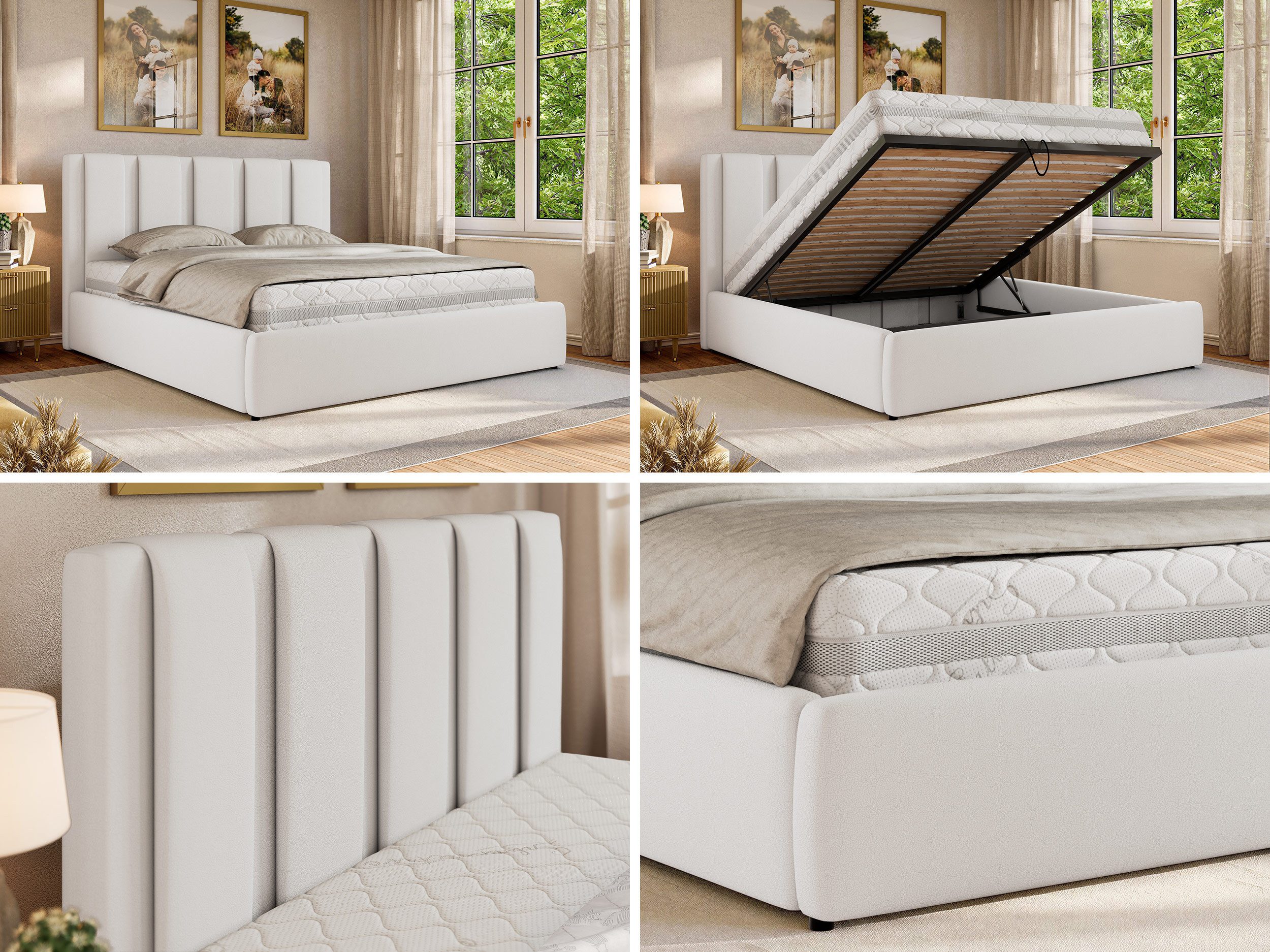 MKS MÖBEL Polsterbett SAVINO Classic (Bett, Doppelbett mit Bettkasten & Lattenrost, ohne/mit Matratze), Gasdruck-Mechanismus, gepolstertes Kopfteil, Größen 140–200 cm