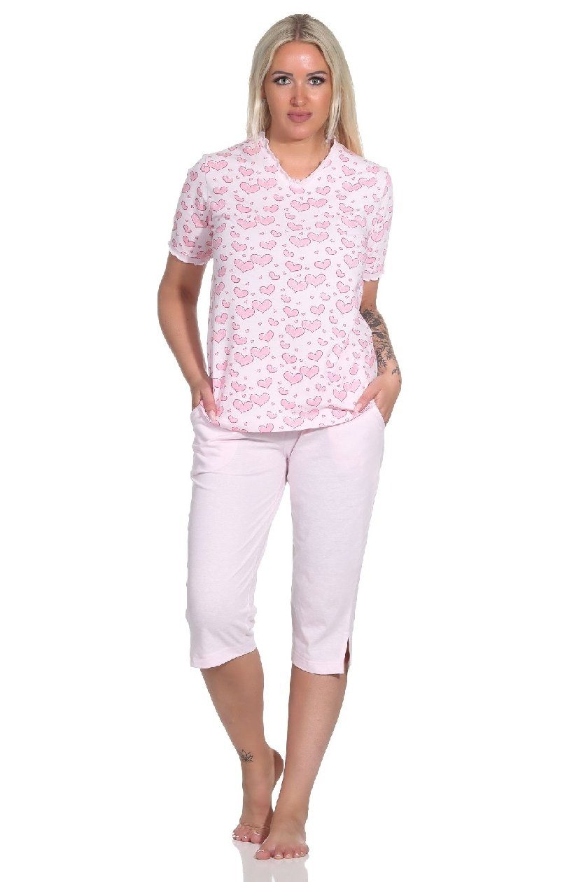 Normann Pyjama Damen Kurzarm Schlafanzug mit Caprihose in Herz Motiv Optik rosa