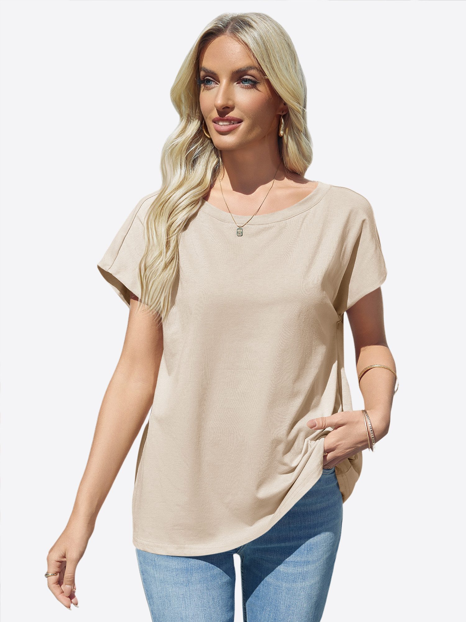 Imily Bela T-Shirt Damen Basic Kurzarm Regular Fit Casual Cap Sleeve (Packung, 1-tlg., 1per-Pack) mit Rundhalsausschnitt in Unifarbe