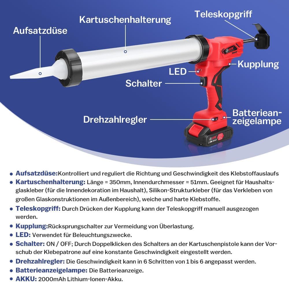 XERSEK Akku-Kartuschenpistole Elektrische Kartuschenpresse Silikonspritze mit 2 Akku (21V 2 Ah), (7840N mit LED, 16X Dichtungsdüse, 6X Ersatzbasis, 38-tlg., 0-32 mm/s, 6-Geschwindigkeit, für 600ml Wurst), 310ml Patrone