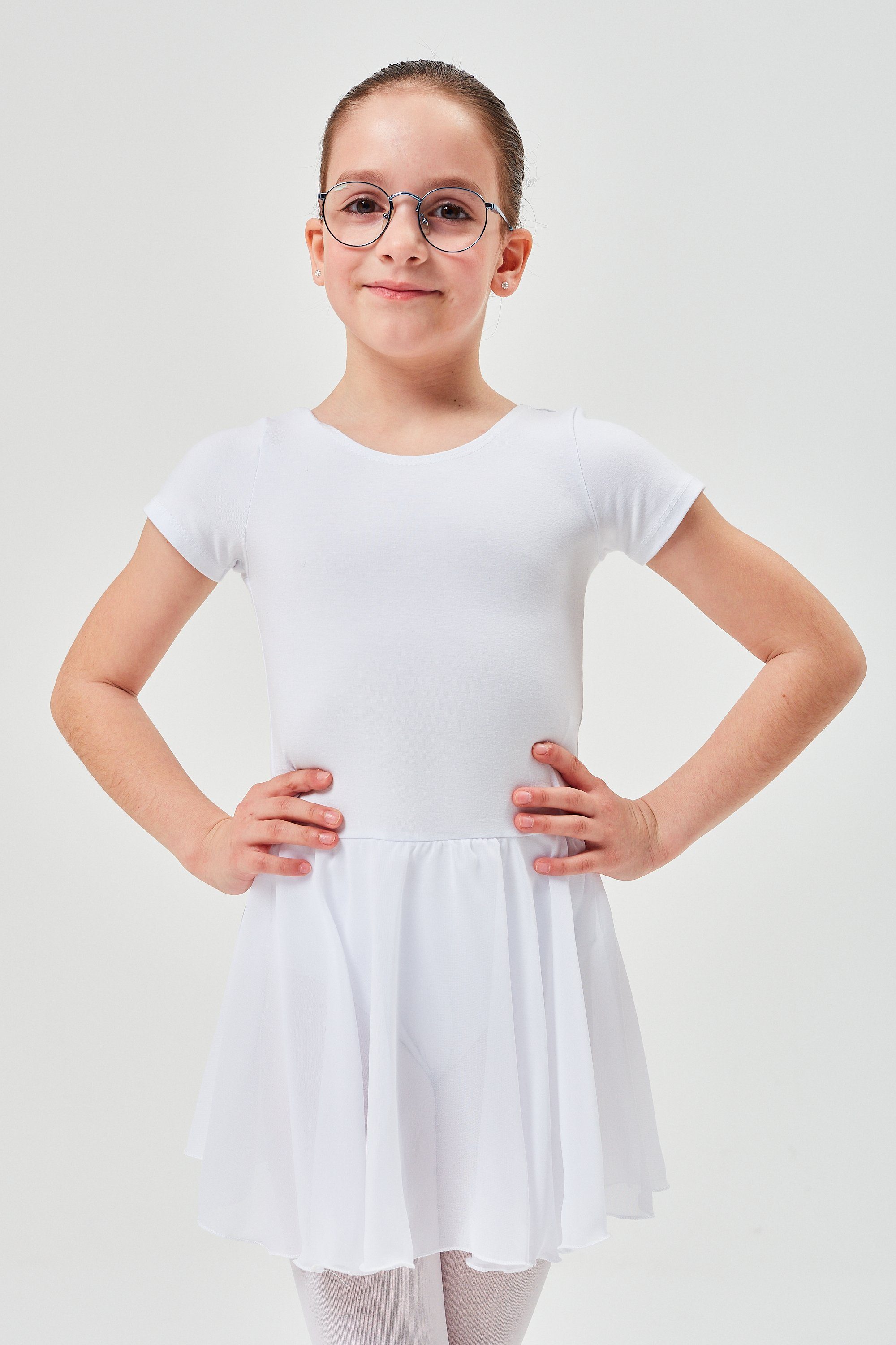 tanzmuster Chiffonkleid Ballettkleid Lucy mit kurzen Ärmeln Mädchen Ballettbody mit Chiffon Röckchen