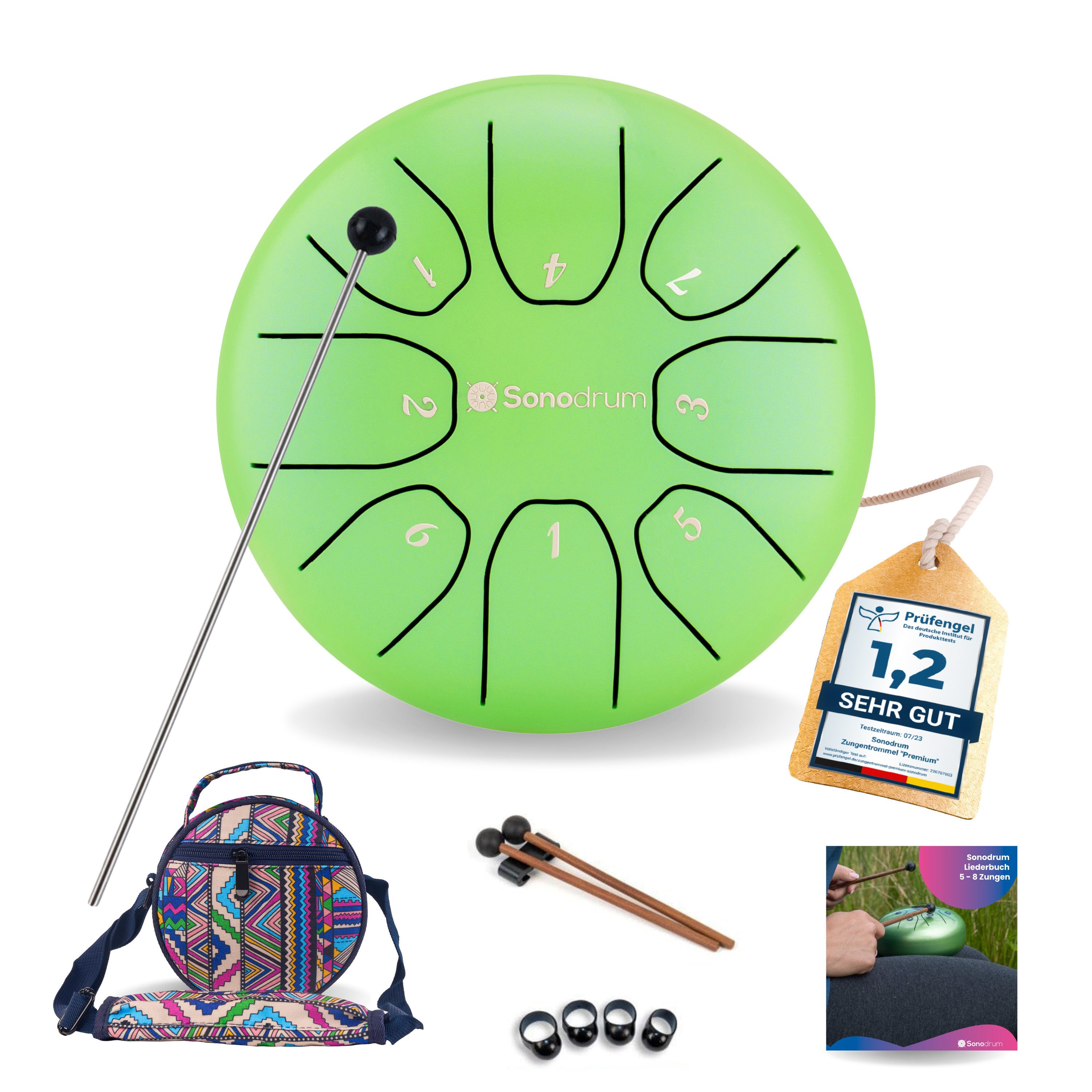Sonodrum Steel Tongue Drum "Standard", C-Dur, 14 cm, 8 Zungen inkl. Liederbuch und Tragetasche