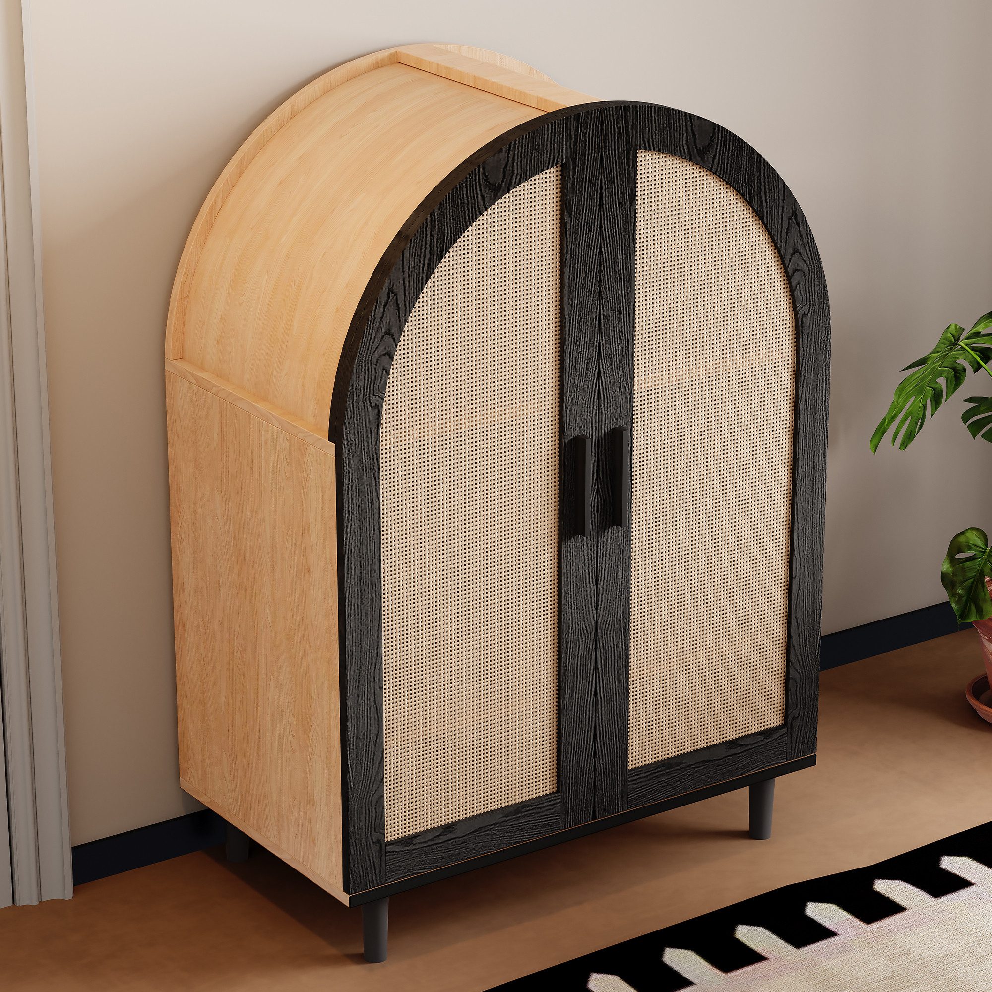 Ulife Schuhschrank mit abgerundeter Außenseite, durchbrochenen Rattantüren und 3 Regalen (1-St) Schuhregal, Sideboard, Kommode, 70x40x100cm