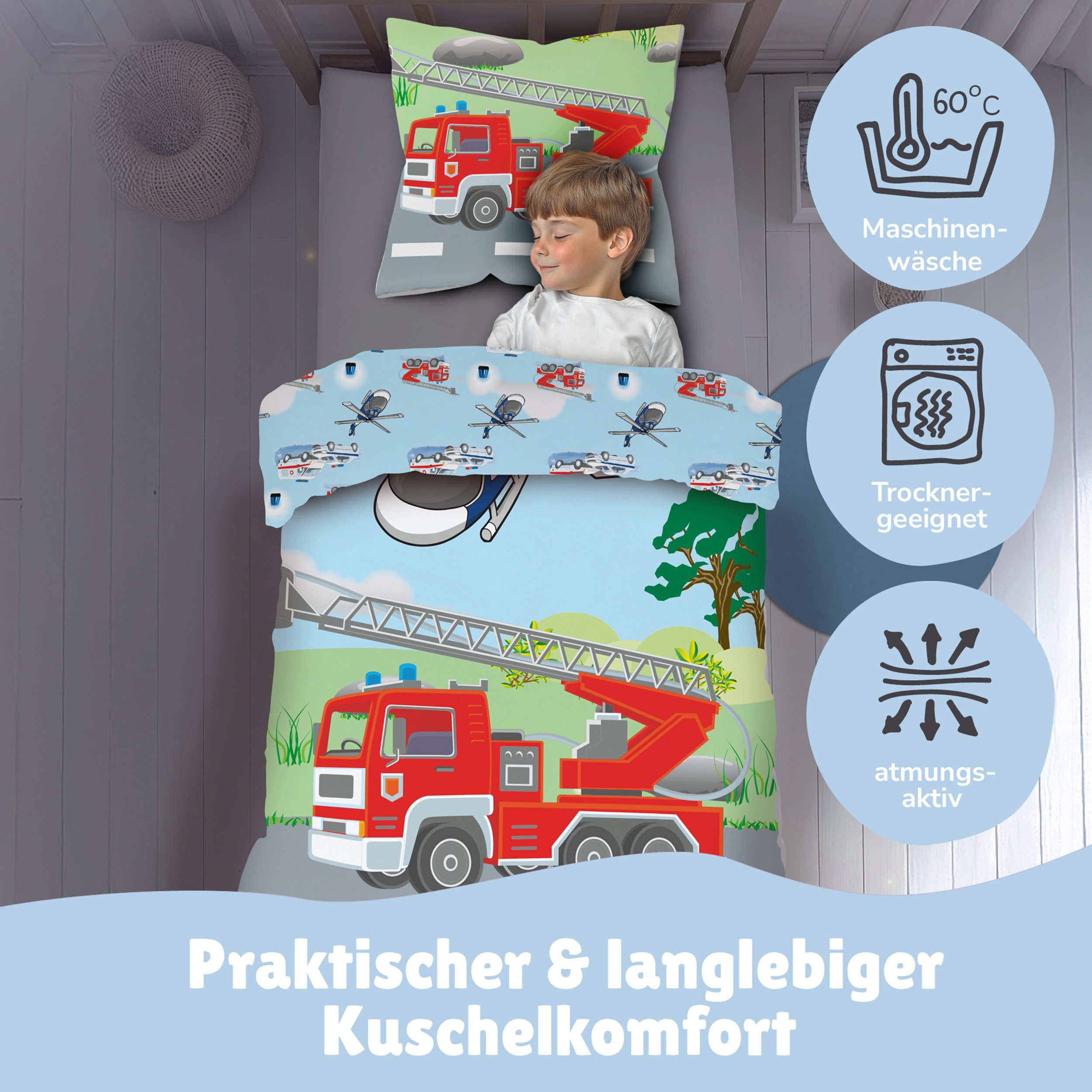 Familando Kinderbettwäsche Polizei & Feuerwehr, 135x200 80x80 cm, 100% Baumwolle, Reißverschluss, Renforcé, 2 teilig, mit Wendeseite und 2. Motiv auf Kopfkissen – Bild 3 von 5
