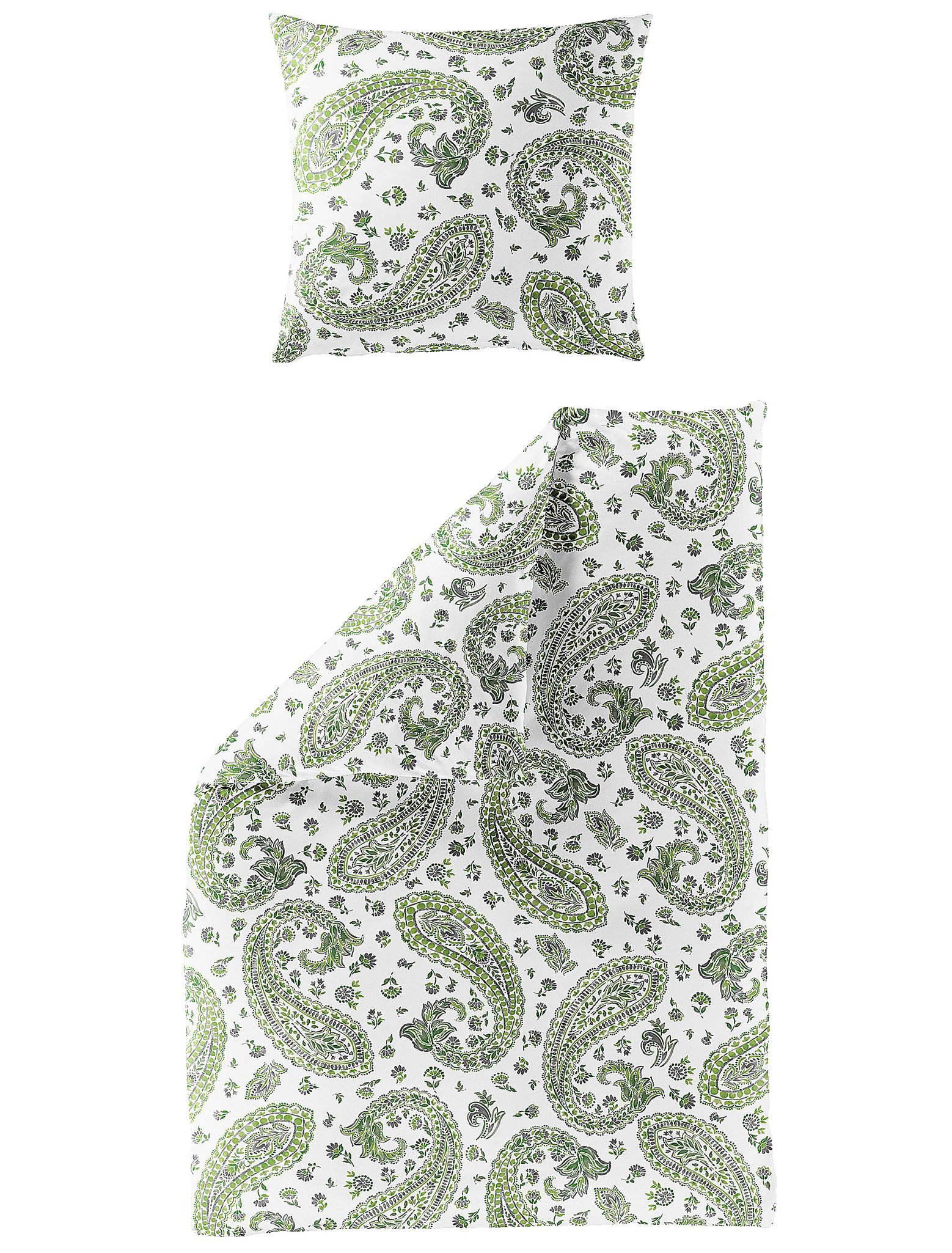 JACK Bettwäsche 135x200cm, Paisley Muster Grün Weiß Grau Bierbaum, Seersucker, 2 teilig, dezentes und modernes Paisley Muster
