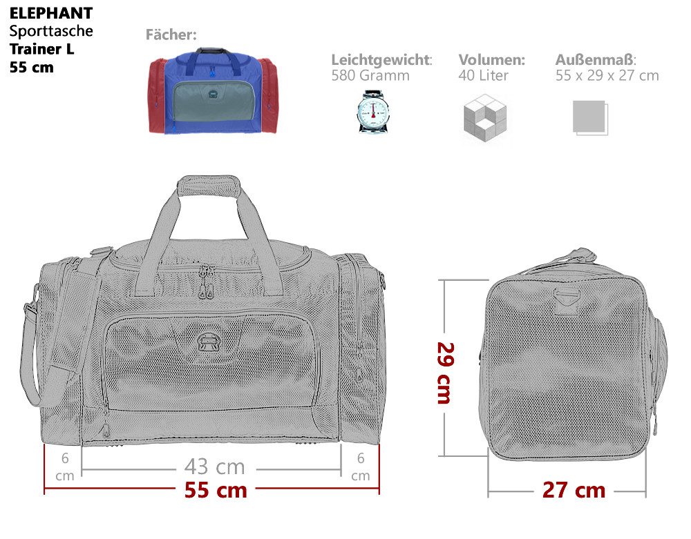 ELEPHANT Sporttasche groß Reisetasche Sport Tasche Trainer L 55 cm, 40 Liter Saunatasche Fußball Large Gym + Trinkflasche