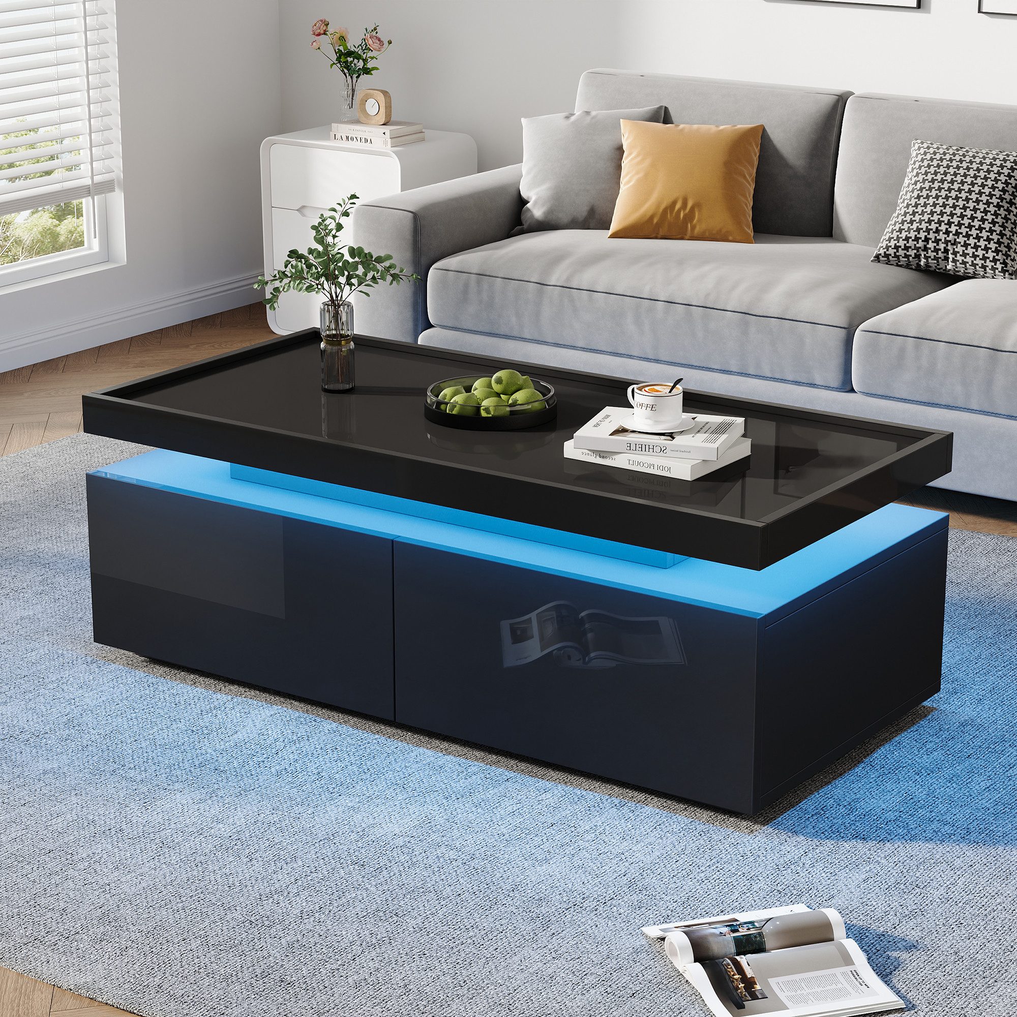 Merax Couchtisch Couchtisch hochglanz Sofatisch Beistelltisch mit LED-Beleuchtung (1-St., 1 Tisch), Wohnzimmertisch mit 2 Schubladen & Ablage, inkl. App, 95x45x – Bild 3 von 5