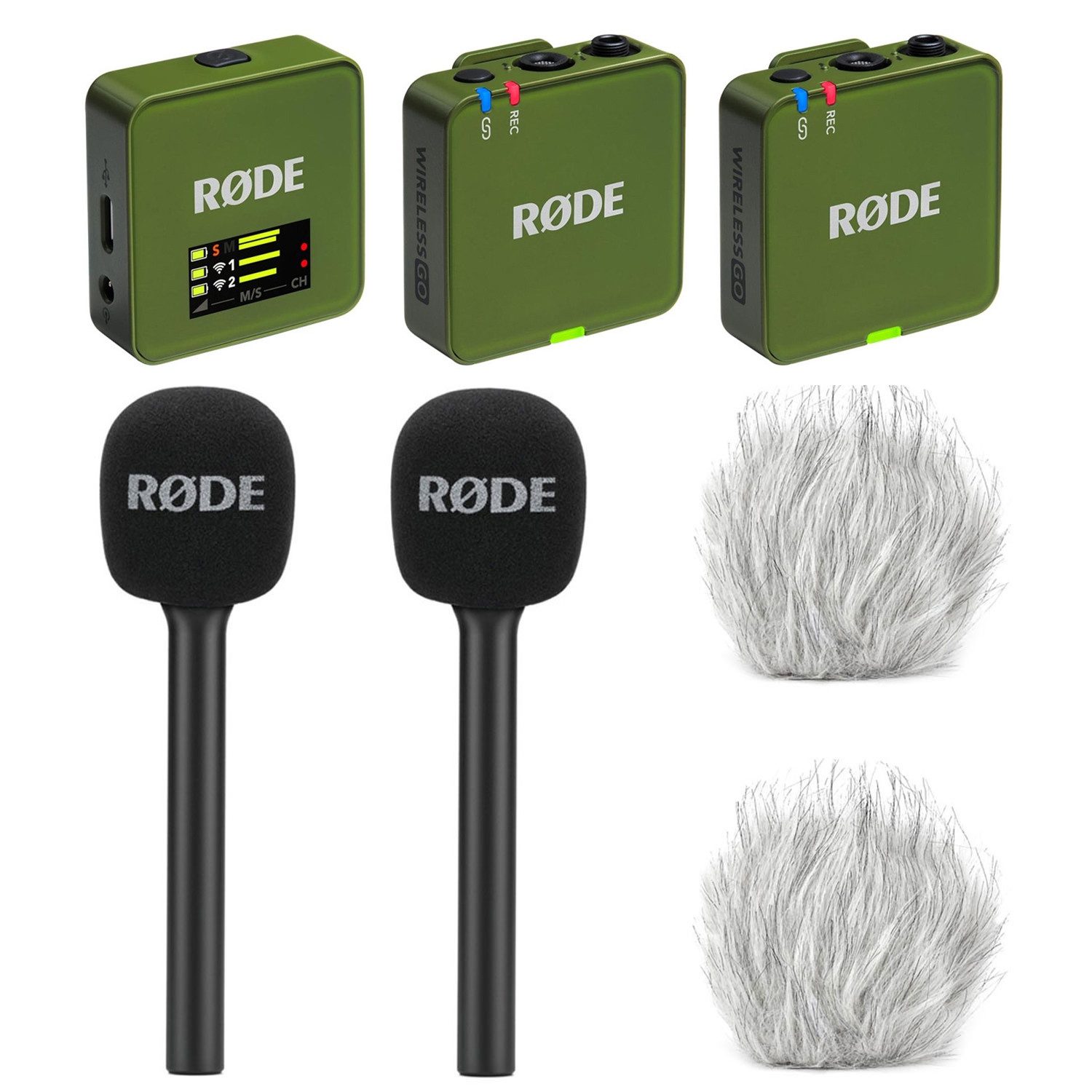 RØDE Rode Mikrofon-Funksystem Wireless GO Gen 3 Moss Khaki Interview Set 2 Digitales Aufnahmegerät (Vorteils-Set mit 2x Handadapter und 2x Windschutz)