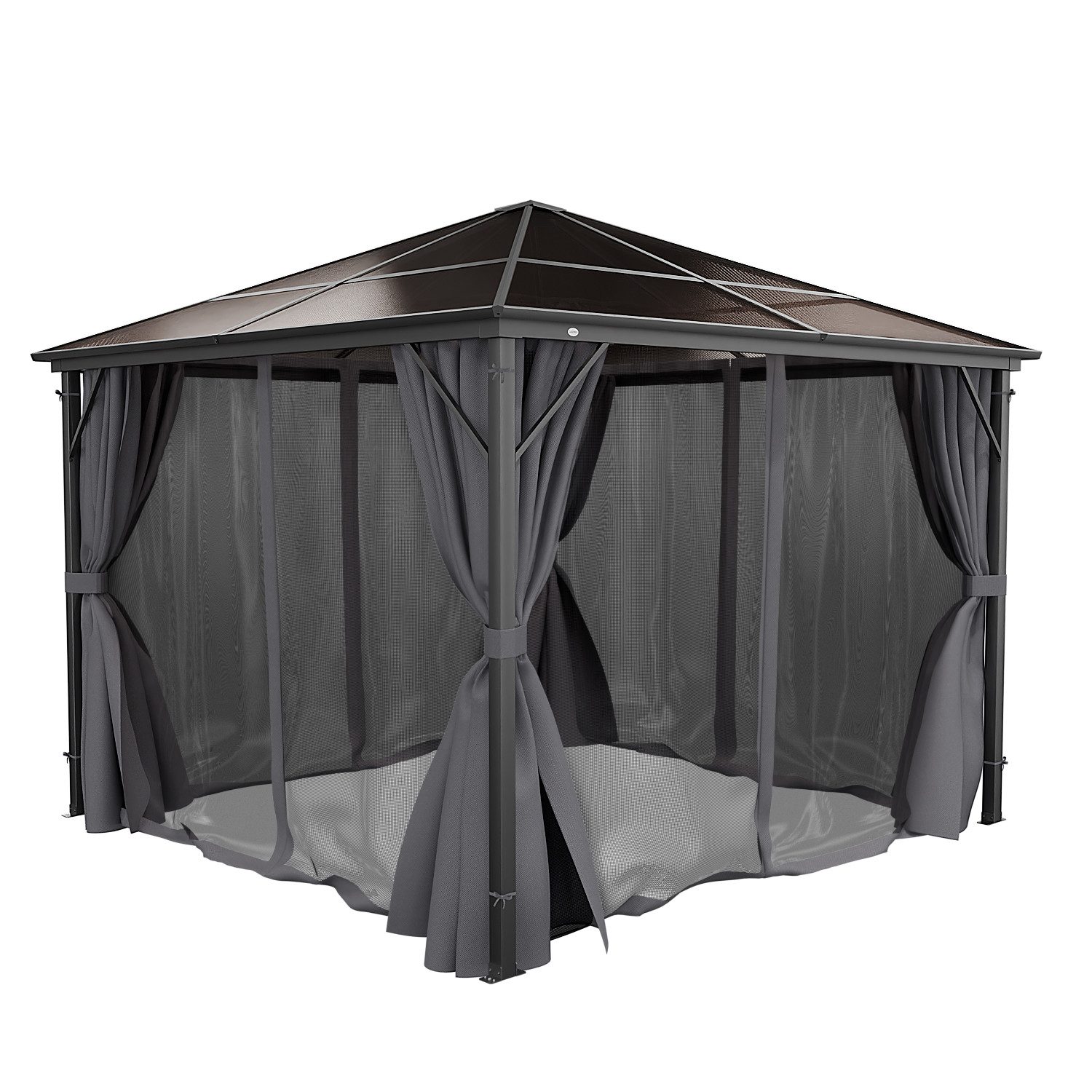 GARMIO Pavillon Pavillon mit Überdachung, Metallgestell Rom mit 4 Säulen, (solide, fest, mit Vorhang, mit Mückennetz, 2,7m Höhe, Zubehör zur Montage, 3x3m, Pavillon schwarz), wasserdicht, UV-Schutz, mit Polycarbonat Platten