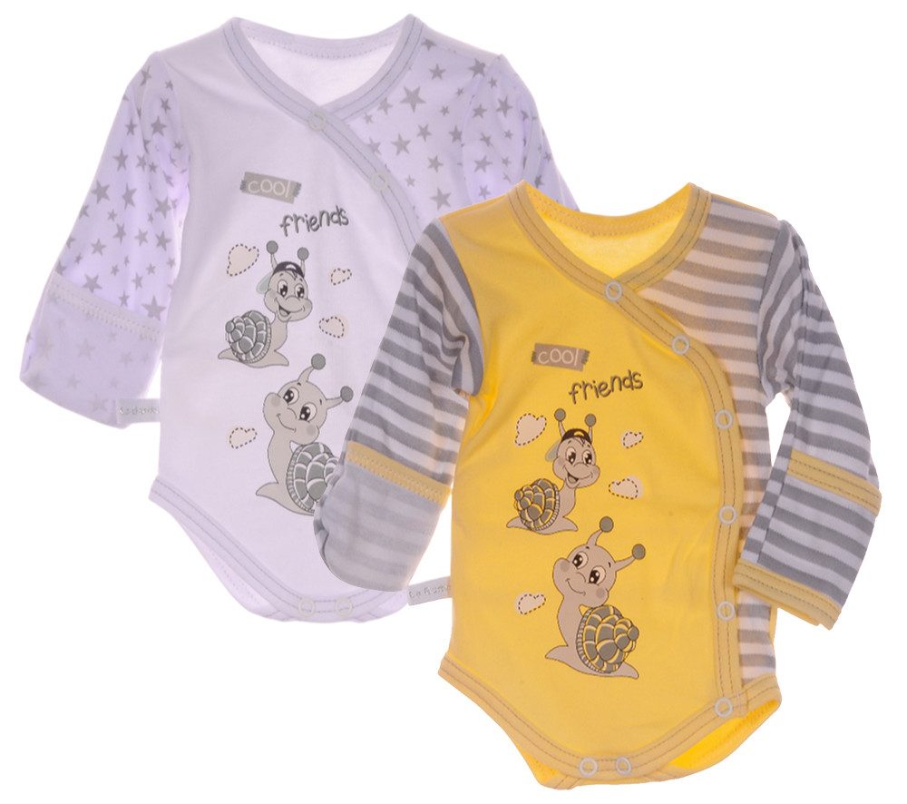 La Bortini Wickelbody Baby Bodys 2er Pack Langarmbody Body mit Schnecken aus reiner Baumwolle, neutral 44 50 56 62 68 74 80 86 92 98 104