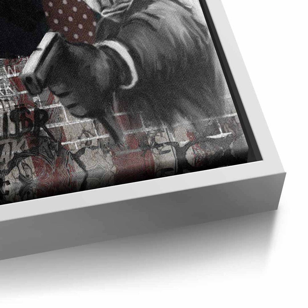DOTCOMCANVAS® Leinwandbild, Leinwandbild Serious silberner mit Money Joker Rahmen premium Geld Motiv Pop Rahmen Art