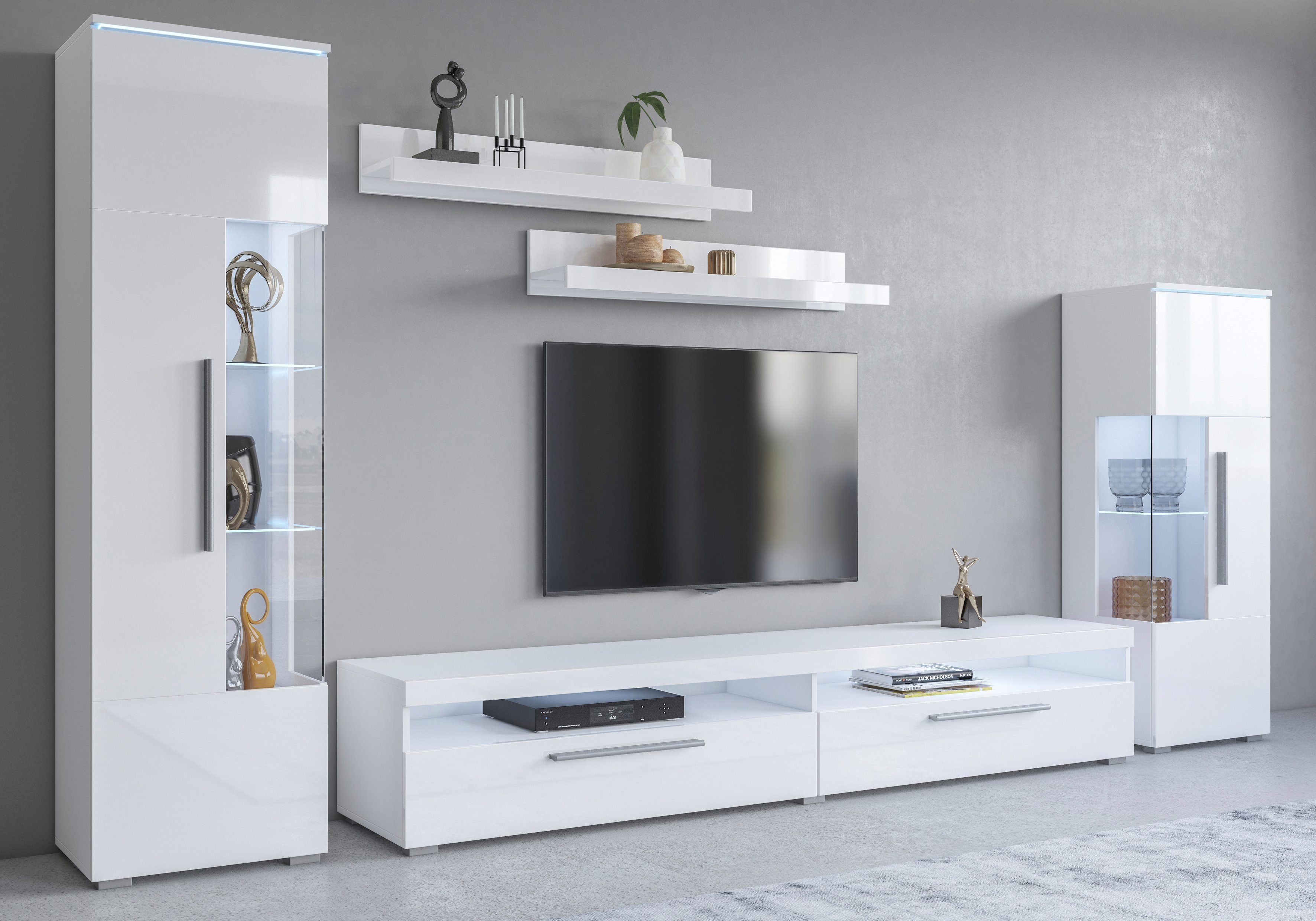 OTTO home Wohnwand India,Breite 290cm moderne Mediawand ohne Beleuchtung, (Set, 5-St., fdete), Anbuwand (Set,5-St, 2xVitrine, 1TV-Schrank, 2xWandregal) viel Stauraum