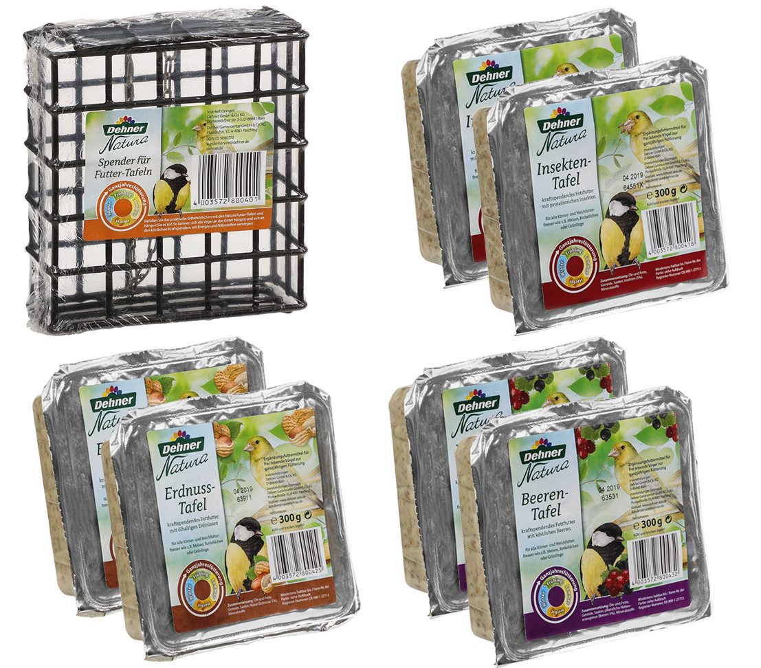 Dehner Natura Premium Tafel-Mix inkl. Spender, Wildvogelfutter, 6 x 300 g, 1980g, Futtertafeln mit Beeren / Erdnuss / Insekten, Ganzjahresfutter