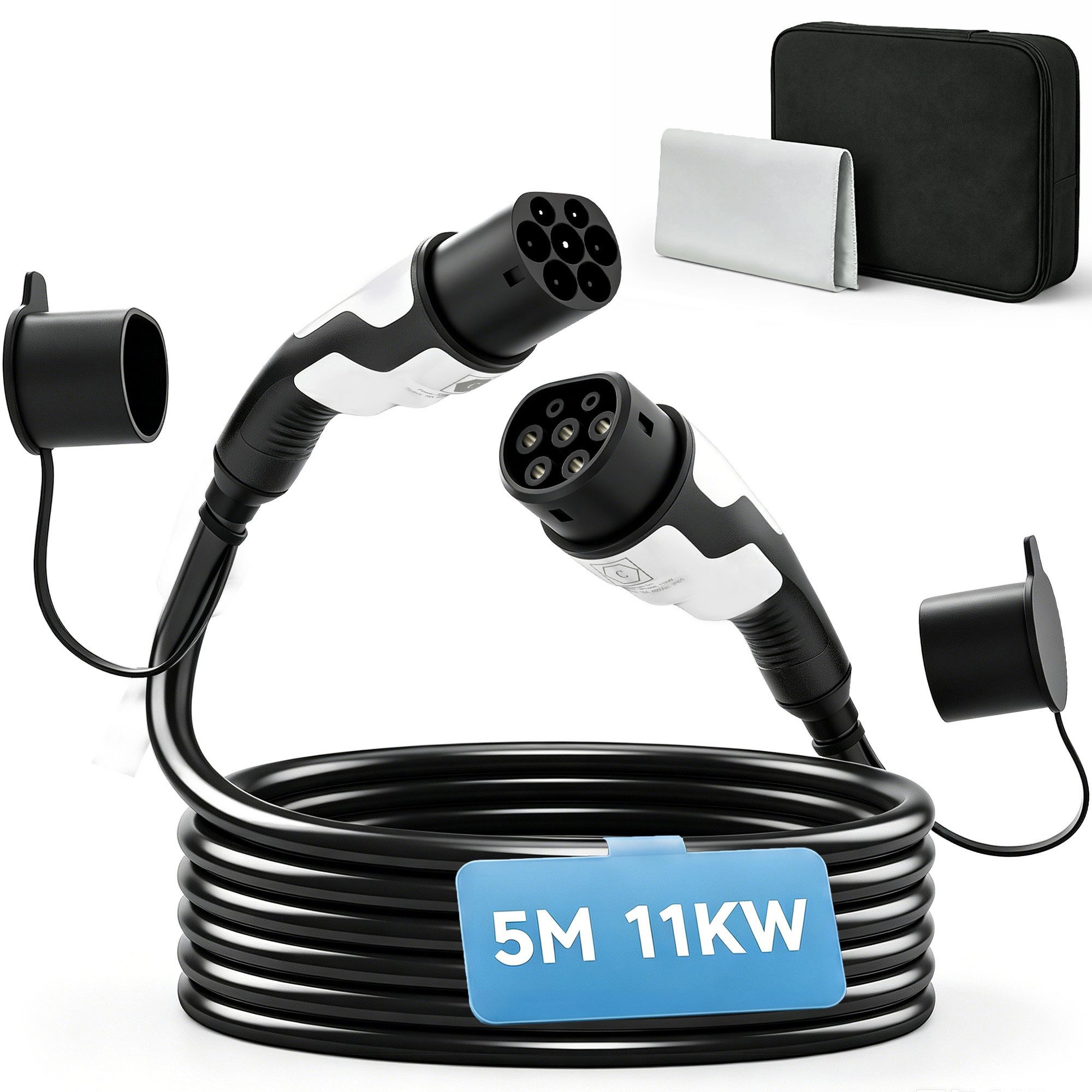 HOMCOM EV Ladekabel mit Reinigungstuch und Tasche Autoladekabel, Typ 2, Typ 2 (500 cm), 11 kW, 3-phasig, IP65, 5 m, Typ 2