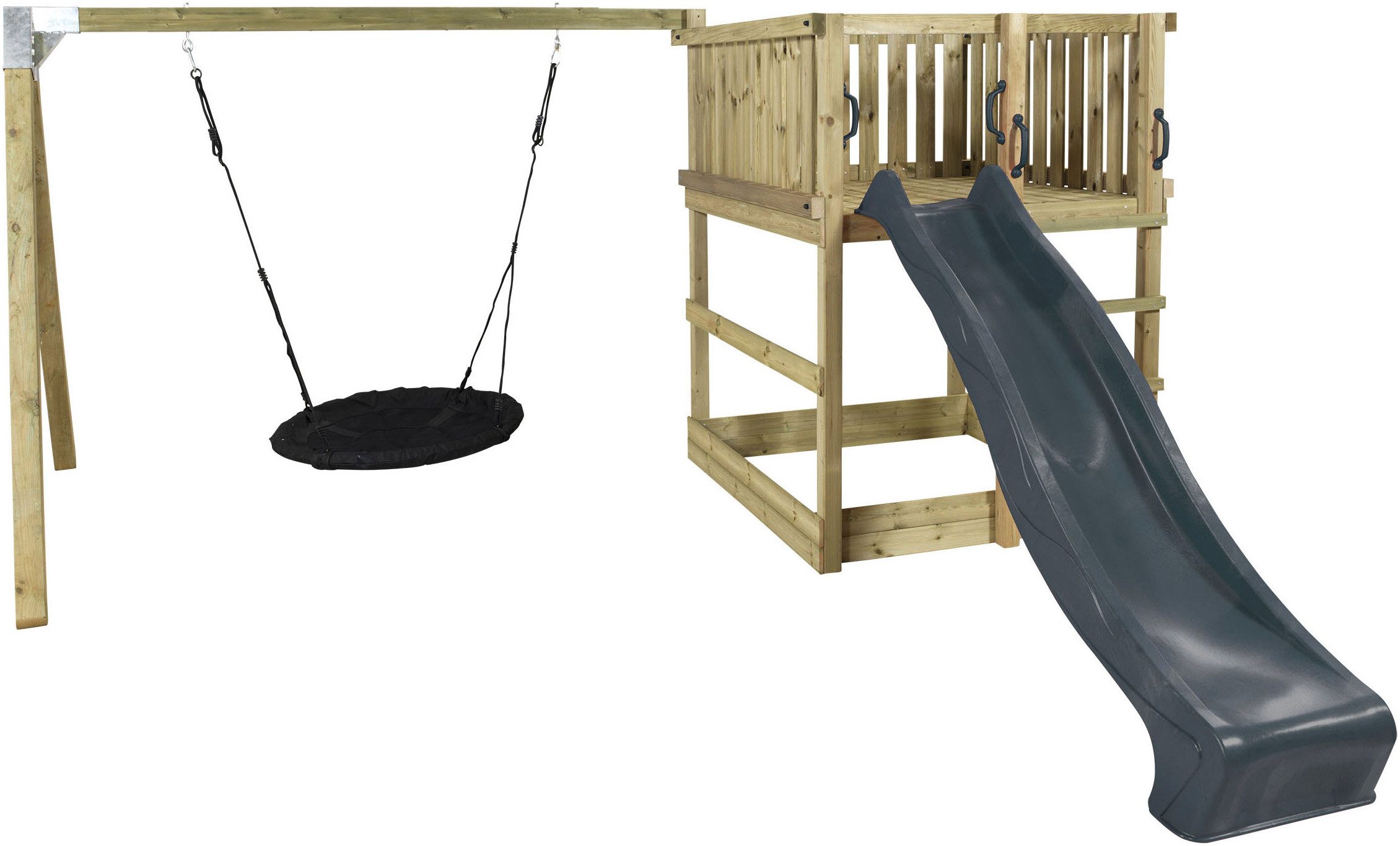 PLUS Spielturm PLUS Play inkl. Schaukelanbau, grauschwarz Rutsche und Schaukelnest, Made in Europe