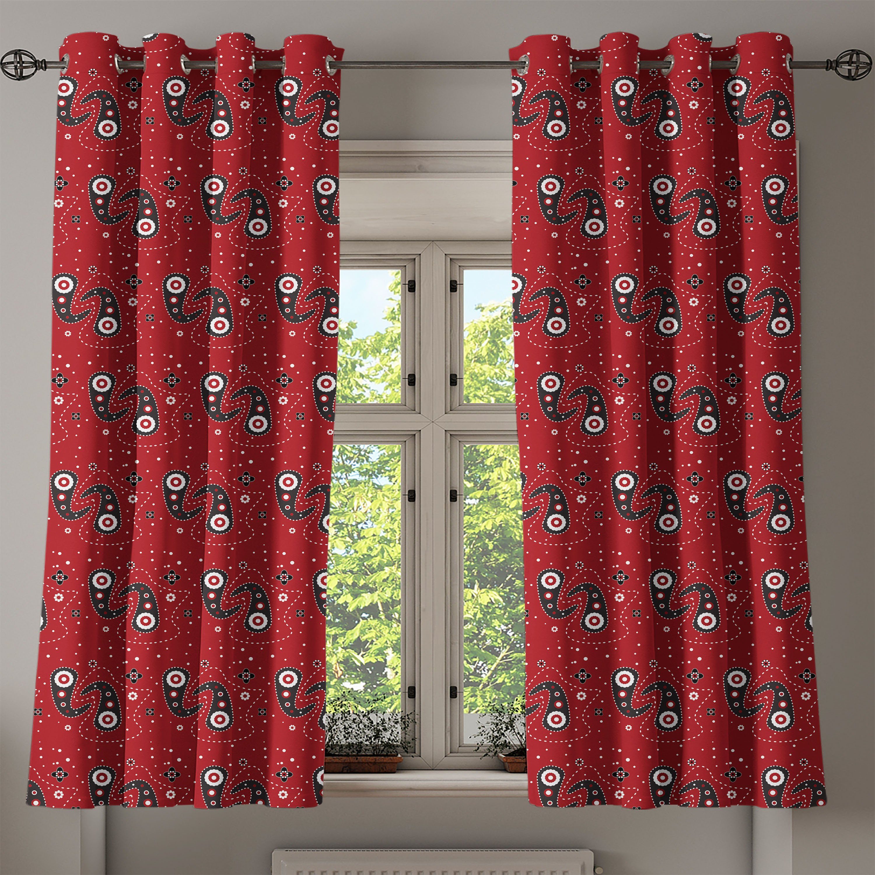 Gardine Dekorative Wohnzimmer, Paisley 2-Panel-Fenstervorhänge schwarz Schlafzimmer rot Blumen-Punkte für Abakuhaus