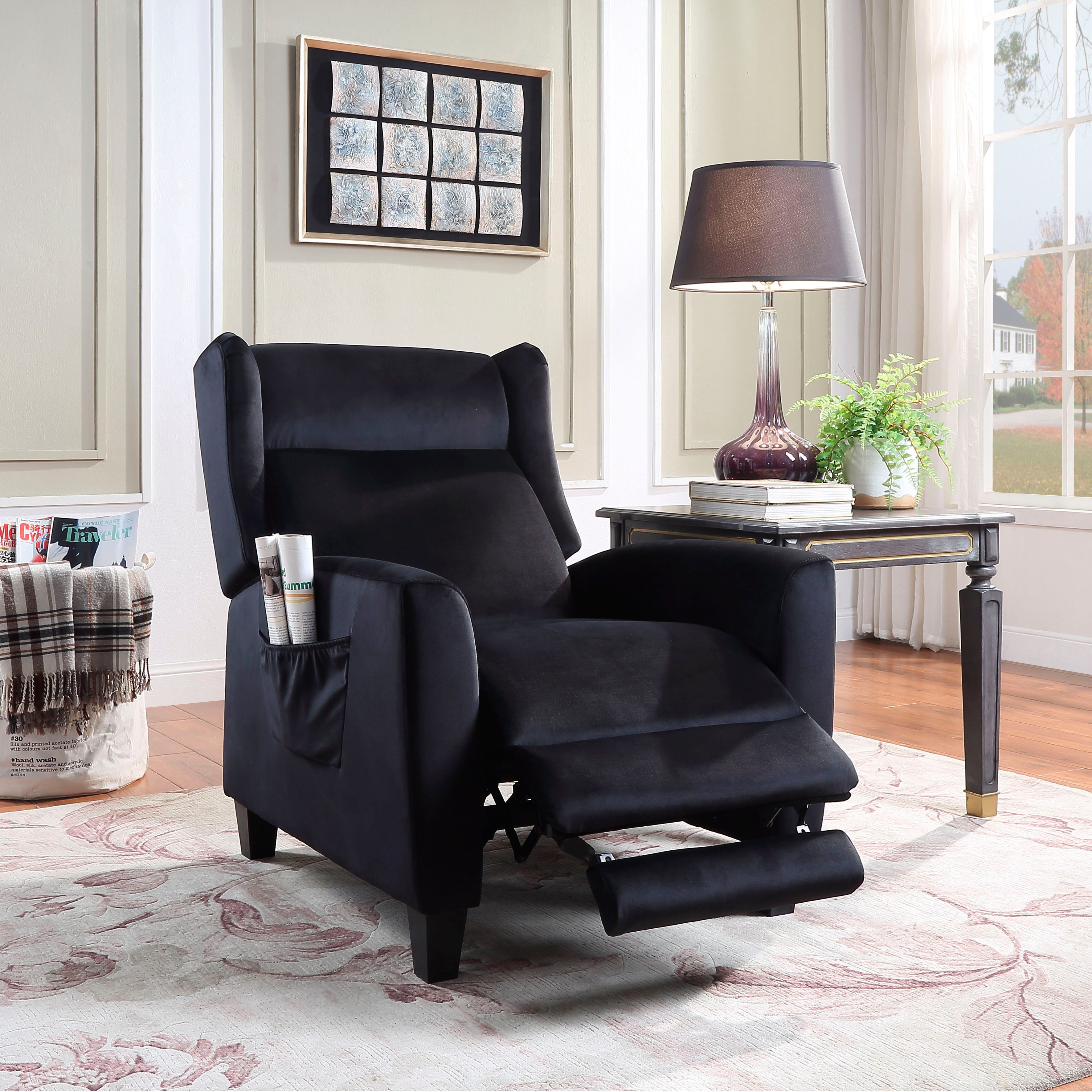 schwarz klassischer Seitentasche praktischer mit TV-Sessel, Ohrensessel ATLANTIC | home Relaxfunktion schwarz collection und