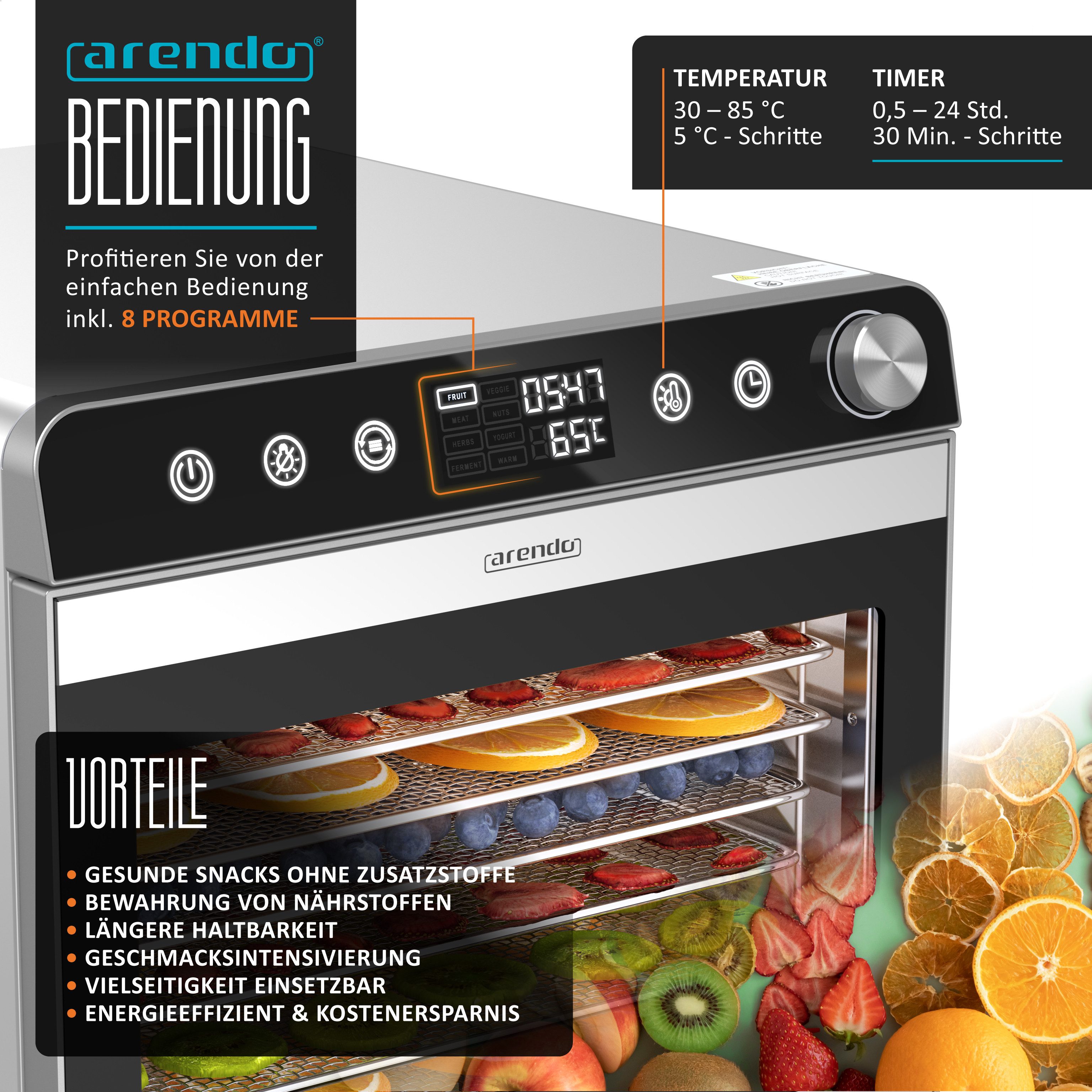 Arendo Dörrautomat Edelstahl, Temperaturregler von 30° bis 85°C, Dörrgerät, Dehydrator, 700 W, 8 Etagen, Obst, Fisch, Fleisch Dörrapparat, Obsttrockner, Timer 0,5-24 Stunden