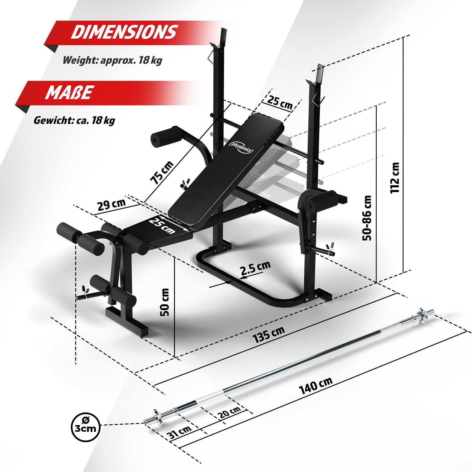 140/165cm Ablage, Kraftstation mit 40/70/100kg - Physionics Hantelbank Langhantel Gewichten,