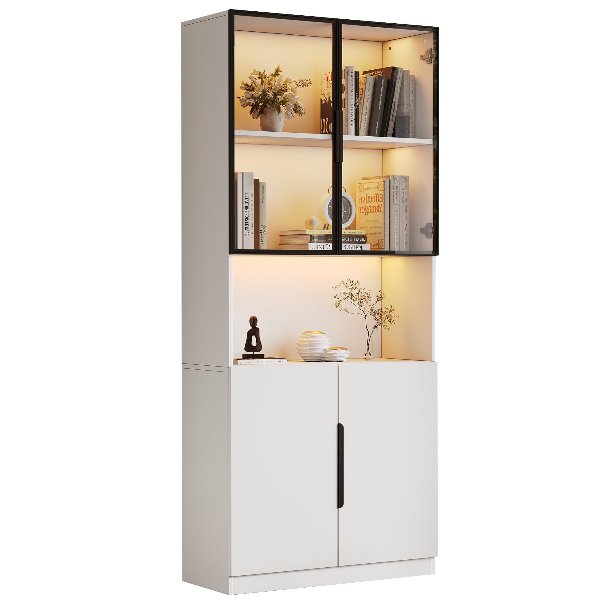 BlingBin Vitrine Glashängeschrank Bücherregal für Sammlerstücke (Schrank Schaukasten, 1-St., 80x30x200 cm) Vitrine mit LED-Leuchten, Bücherregal für Sammlerstücke, Weiß