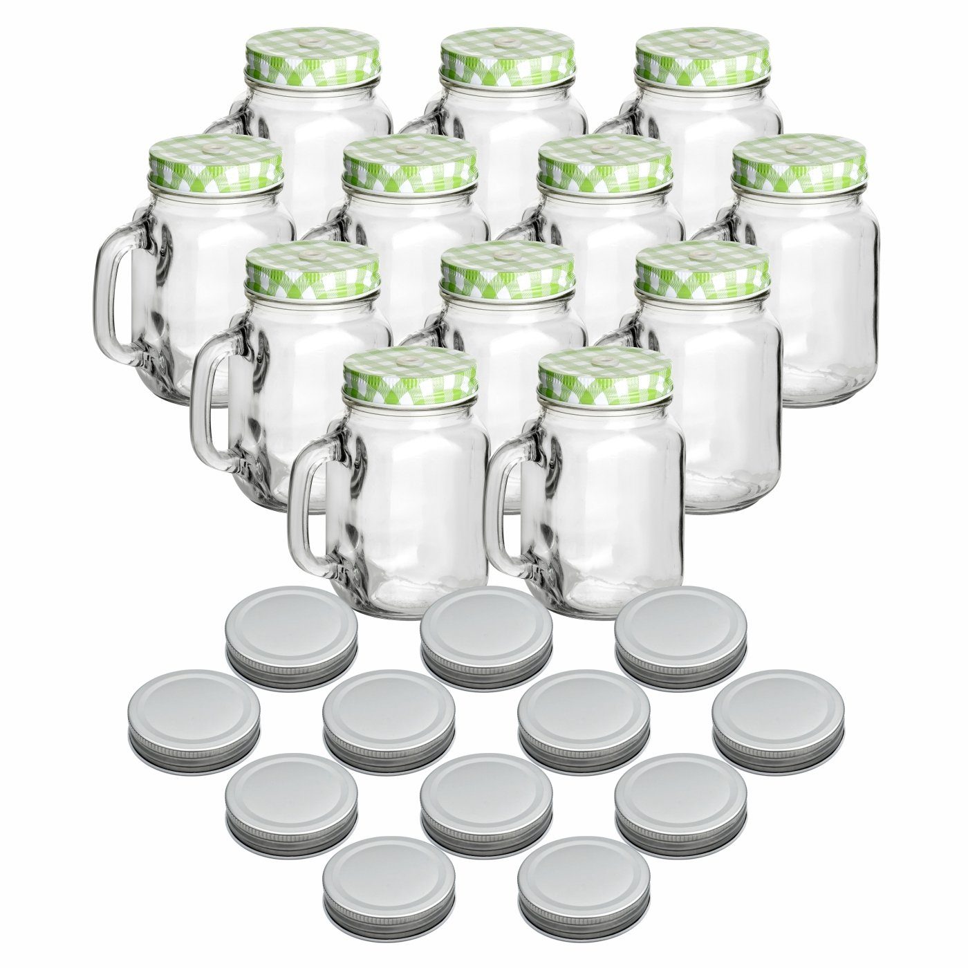 gouveo Стекло-Set Trinkgläser 110 ml mit Schraubdeckel - Kleines Trinkglas mit Henkel, 12er Set, grün/silber