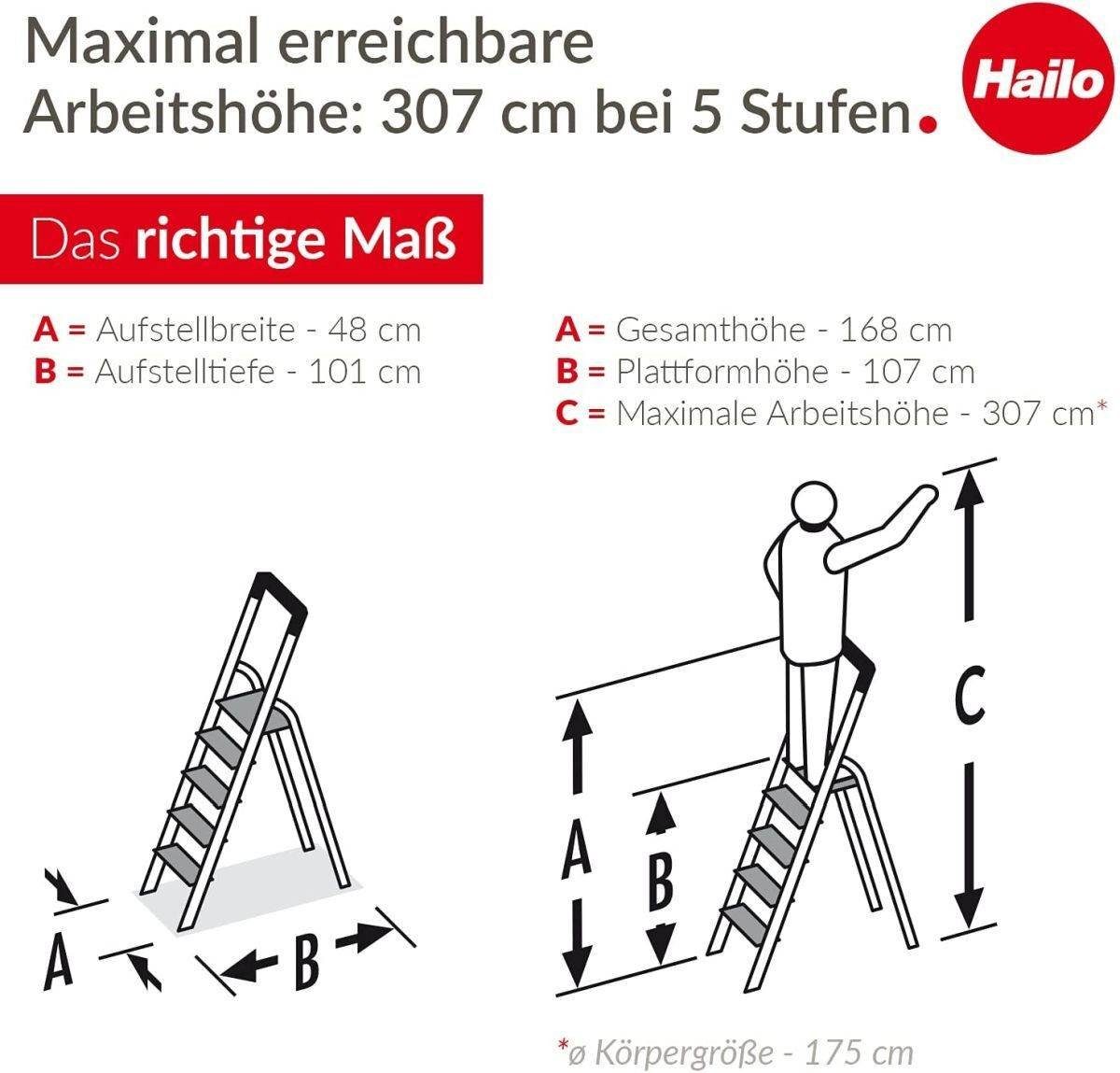 Hailo Trittleiter L75 JUBILÄUM-SICHERHEITSLEITER COMFORTLINE, ALU-HAUSHALTSLEITER MIT 5, Multifunktionsablage, XXL-Stufen, Clip-System, rutschsichere Füße