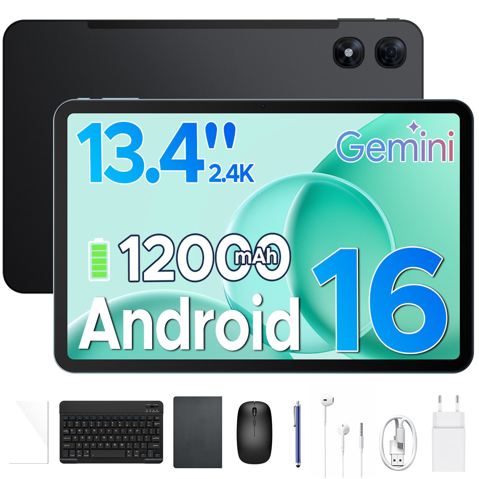 Aorlym Tablet PC – 13,4" 2.4K Display, 256GB ROM, 12000mAh Akku Tablet (13,4", 256 GB, Android 16, 4G, UNISOC T7280, 16MP Kamera, Dual Lautsprecher, 120Hz Display, Gemini AI)