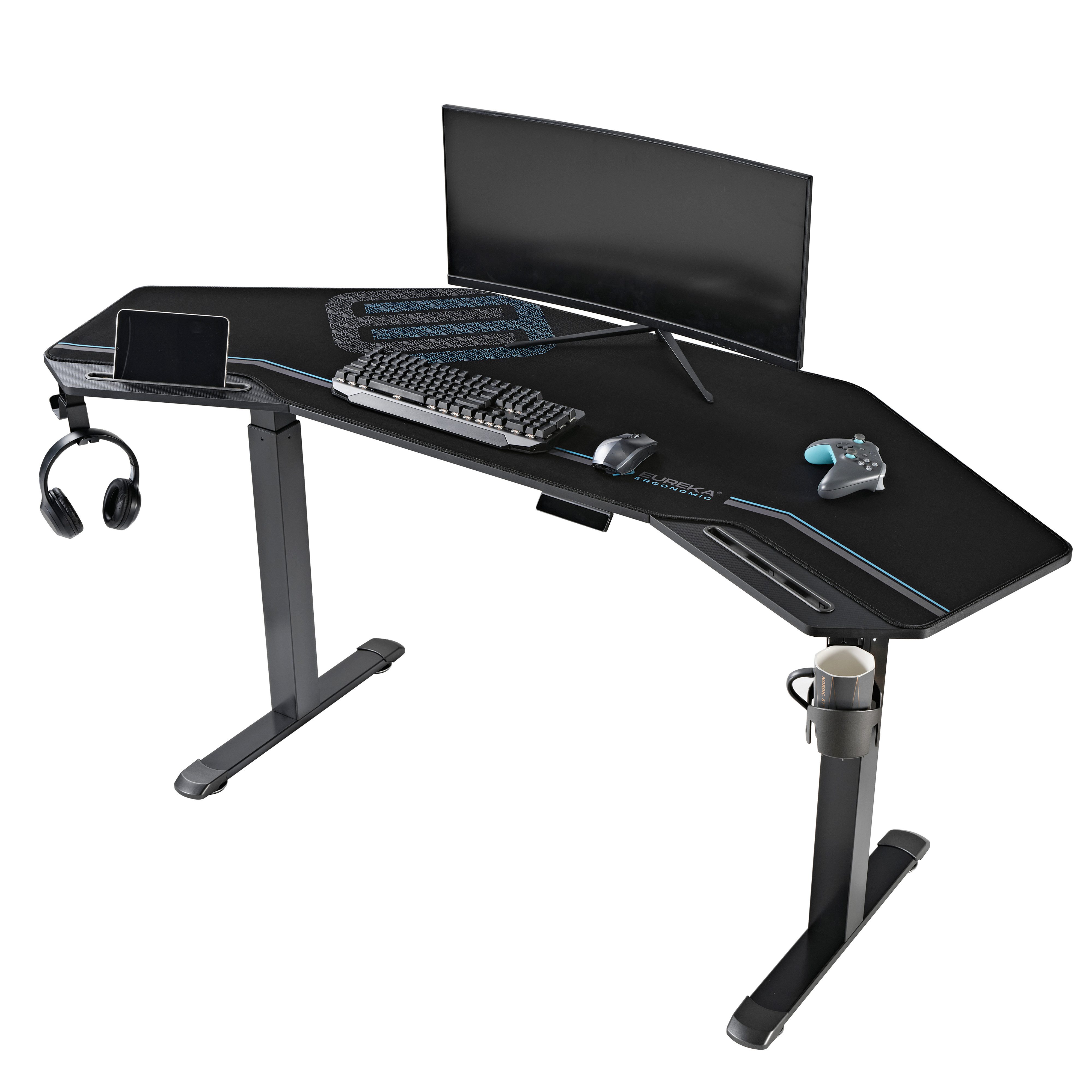 EE EUREKA ERGONOMIC Gamingtisch Höhenverstellbarer Schreibtisch Elektrisch Flügelförmiger, 182×76cm (1-St., Tisch mit Mauspad, Tastaturablage, Kabelmanagement und Kopfhörerhalter), Höhe(75-22 cm) Gaming Tisch für Home Office Studio Live-Streaming
