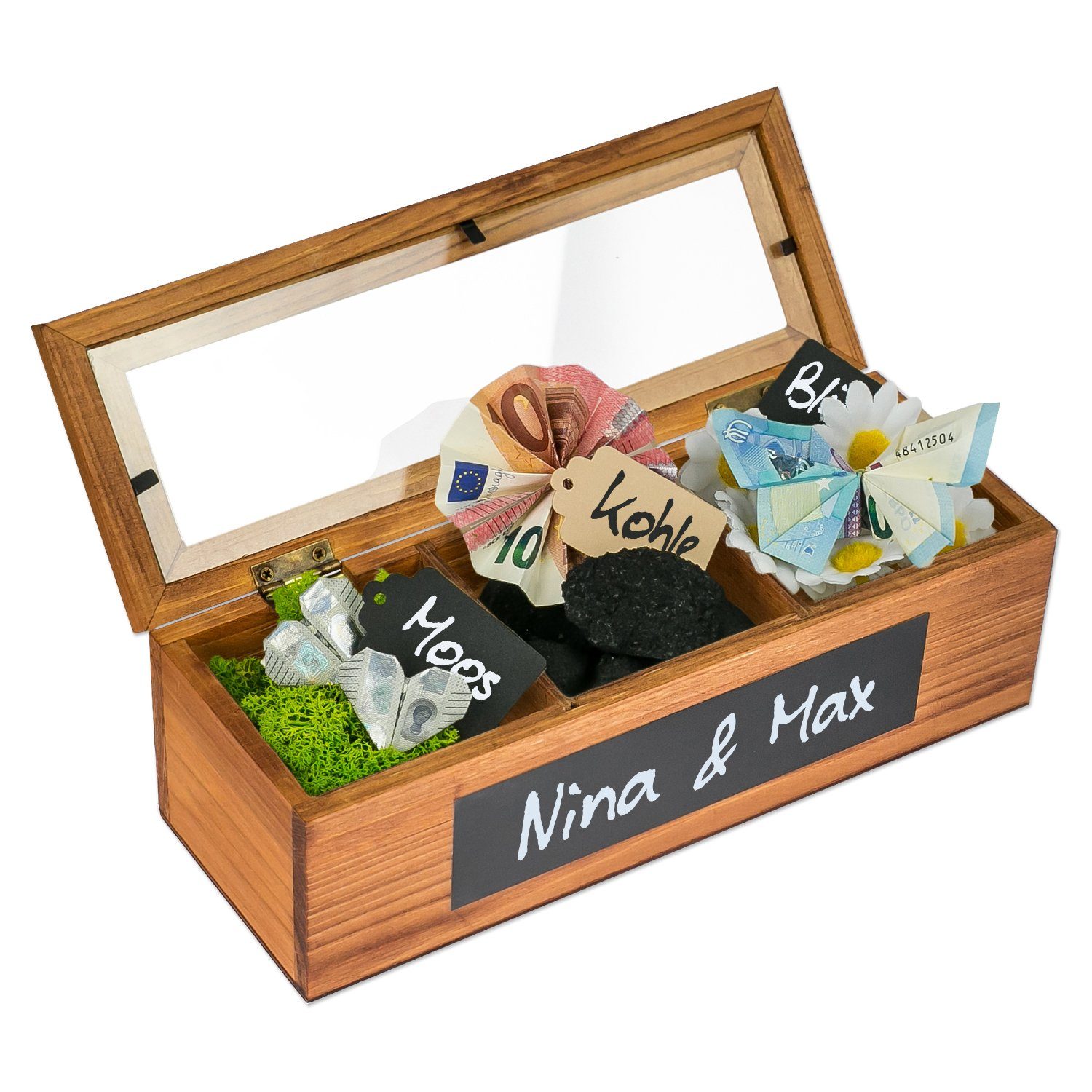 SURPRISA Geschenkbox Schotter Schatulle - kreative Verpackung für Geldgeschenke, Geschenkbox mit 3 Fächern zum Geburtstag, Abitur oder zur Hochzeit